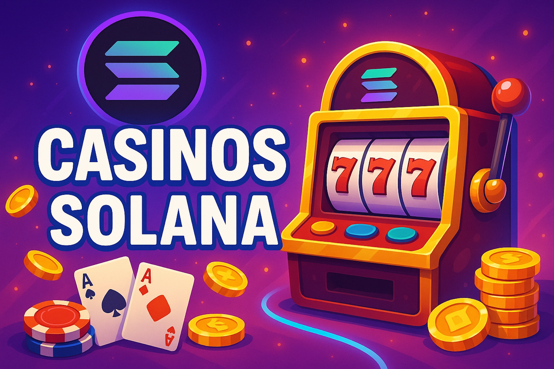 Illustration de mise en avant des casinos Solana avec machine à sous, jetons, cartes et logo Solana dans un style cartoon moderne pour Casinotan