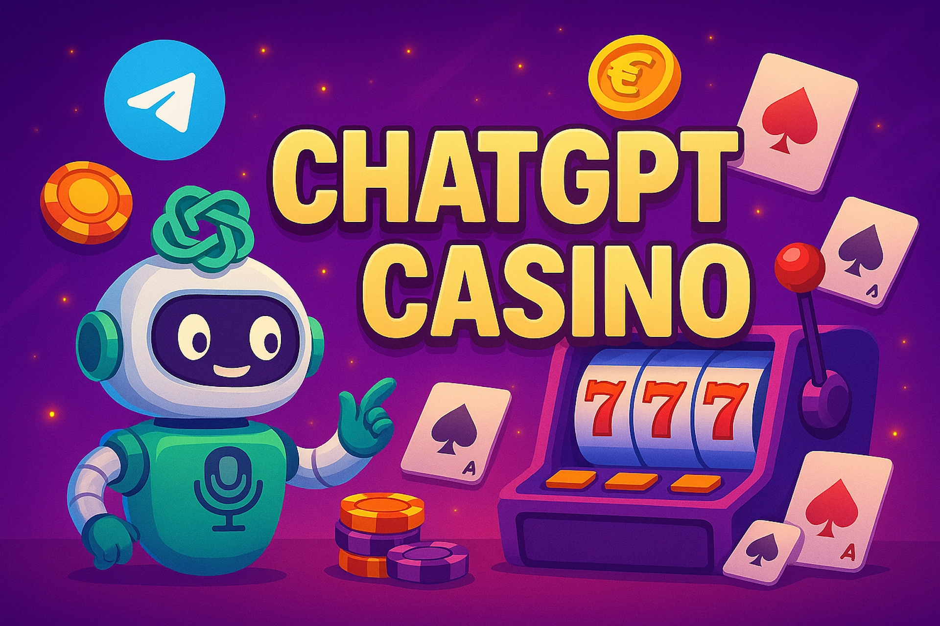 Illustration cartoon colorée avec texte “CHATGPT CASINO”, robot style ChatGPT, machine à sous, jetons, cartes, pièce euro et logo Telegram, dans un style fun pour Casinotan