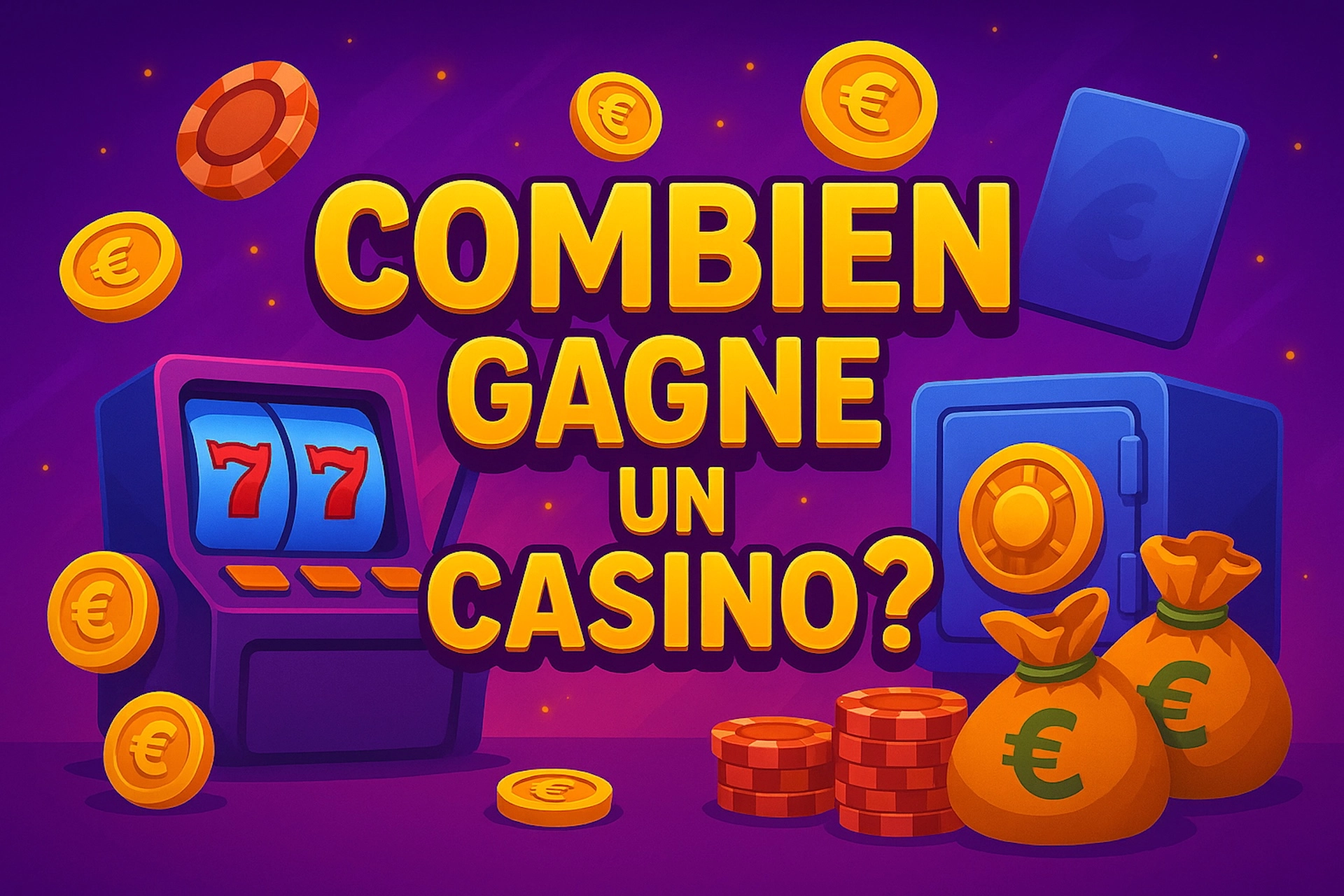 Visuel cartoon coloré avec texte centré “Combien gagne un casino ?”, machine à sous, coffre-fort, sacs de cash, piles de jetons et pièces euros pour Casinotan
