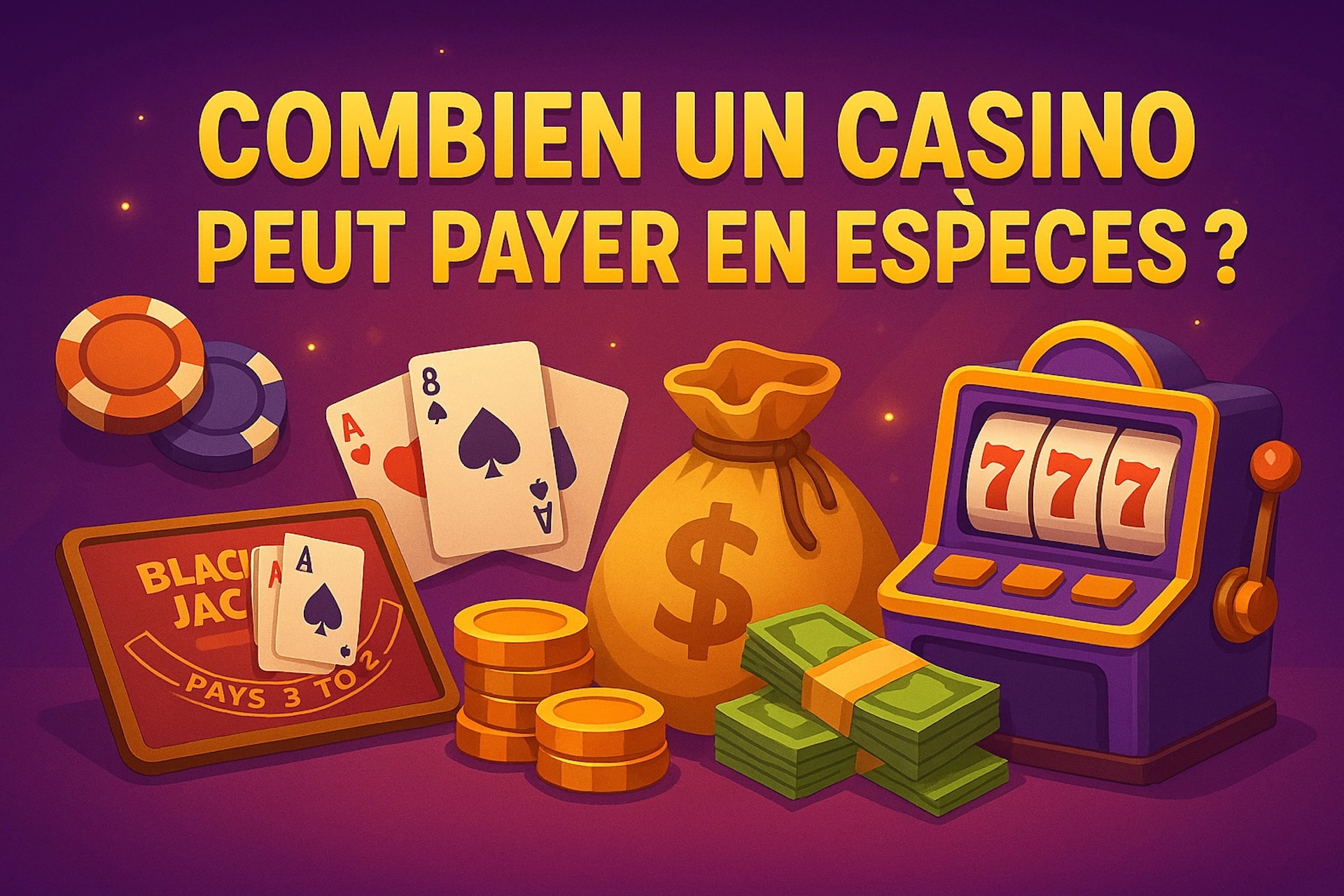 Visuel cartoon d’un casino terrestre avec texte “Combien un casino peut payer en espèces ?”, table de blackjack, billets, sacs d’argent, machine à sous et jetons pour Casinotan