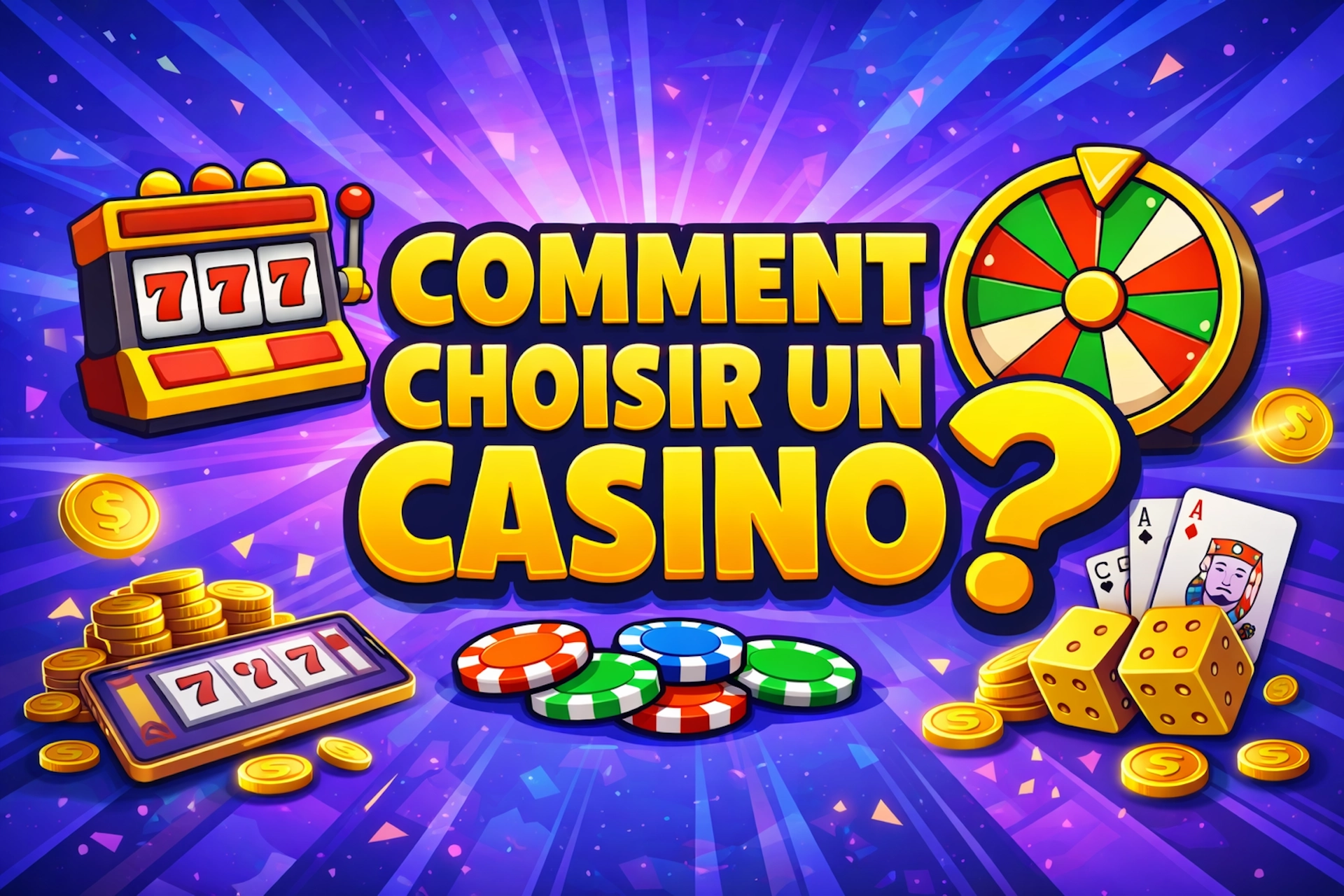 Image de mise en avant cartoon montrant le texte « COMMENT CHOISIR UN CASINO » avec des éléments de casino en ligne comme une machine à sous, une roue de la fortune, des jetons, des cartes et des pièces, sur un fond dynamique style jeu mobile.