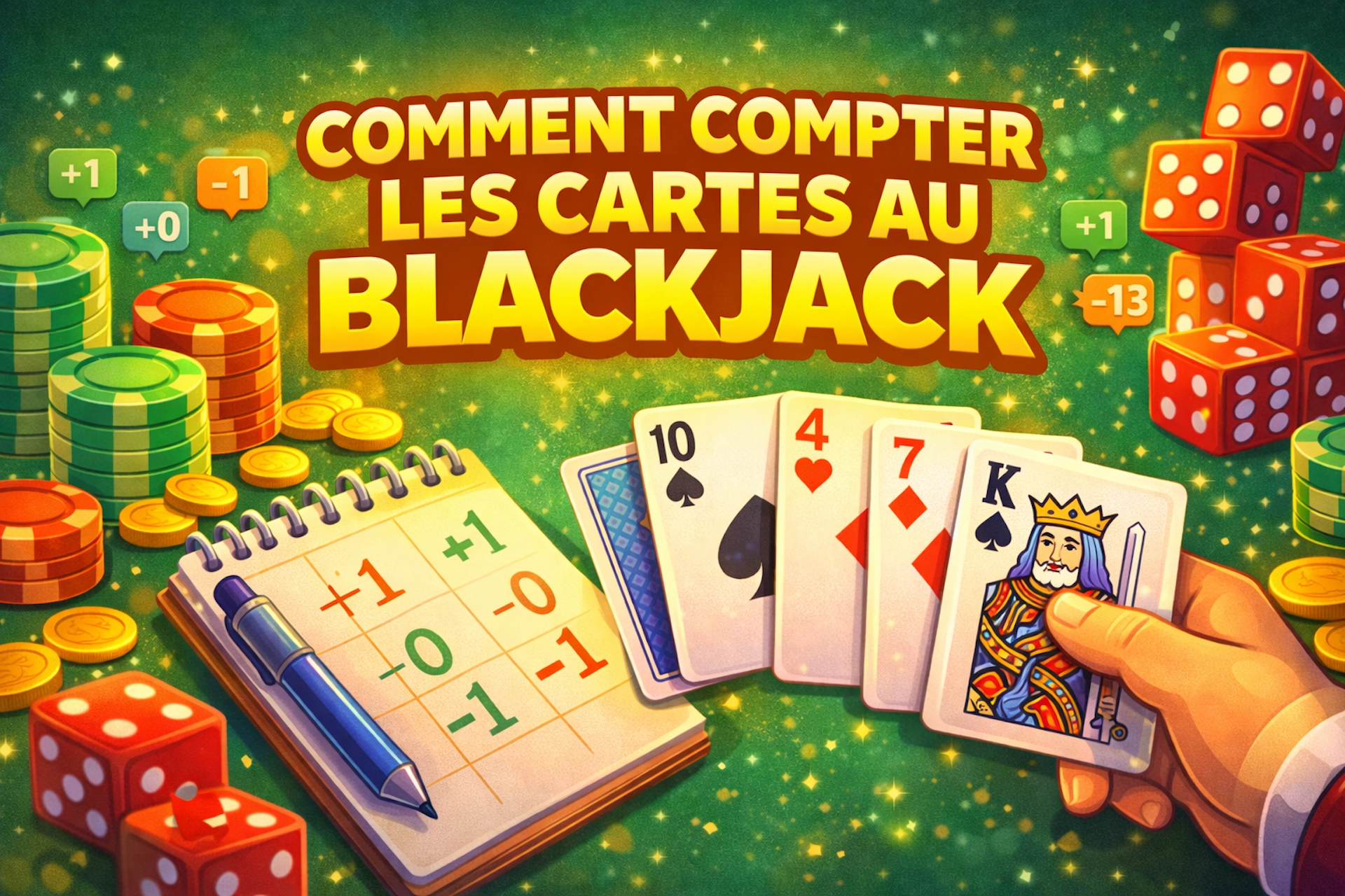 Illustration p&eacute;dagogique sur comment compter les cartes au blackjack avec texte central, cartes en main, jetons de casino, d&eacute;s rouges et carnet affichant les valeurs +1 et -1 sur fond vert de table de blackjack dans le style Casinotan.