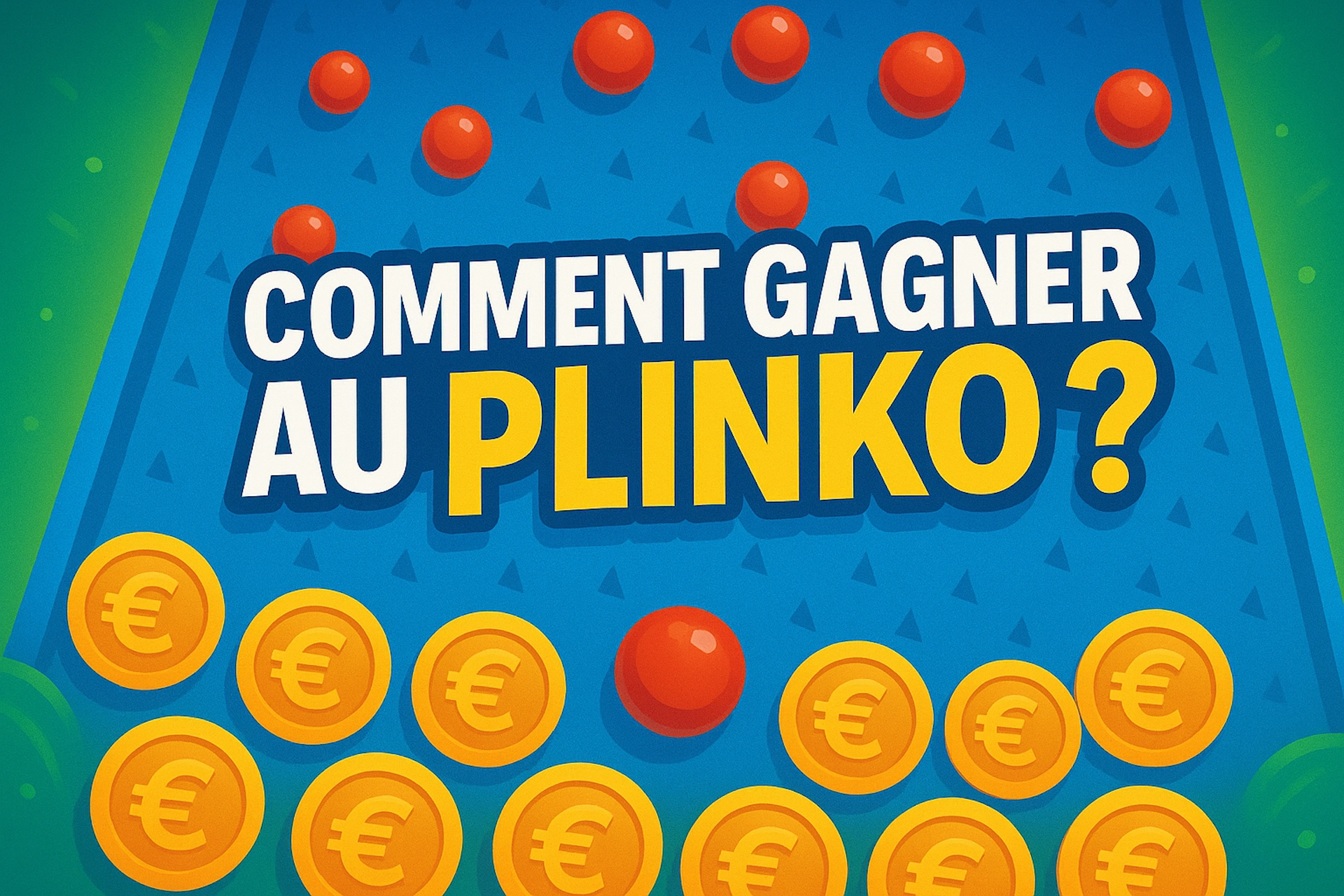 Illustration cartoon colorée avec texte COMMENT GAGNER AU PLINKO ?, billes rouges qui tombent sur un plateau Plinko bleu et pièces euro dorées, fond vert dynamique pour Casinotan