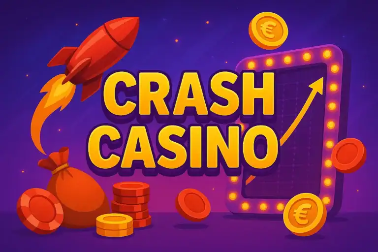 Illustration cartoon color&eacute;e avec texte &ldquo;CRASH CASINO&rdquo;, fus&eacute;e en vol, graphique ascendant lumineux, pi&egrave;ces euros, jetons et sac de gains pour Casinotan