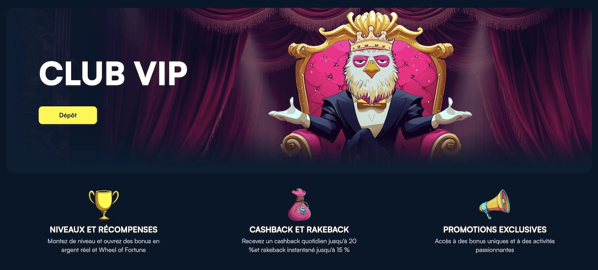 Page du Club VIP Fanobet Casino montrant les niveaux, r&eacute;compenses, cashback et rakeback disponibles pour les joueurs fid&egrave;les