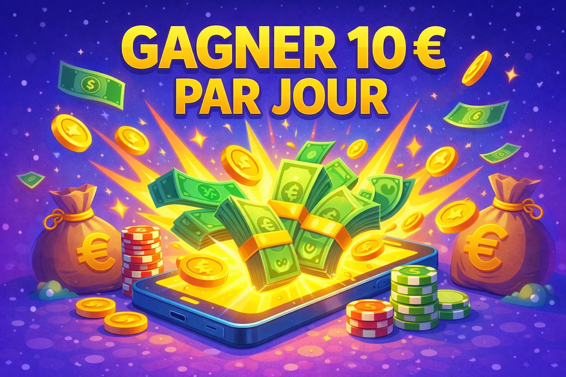 Illustration cartoon style gaming montrant un smartphone d’où jaillissent des billets en euros, des pièces et des jetons de casino pour illustrer comment gagner 10 euros par jour en ligne.