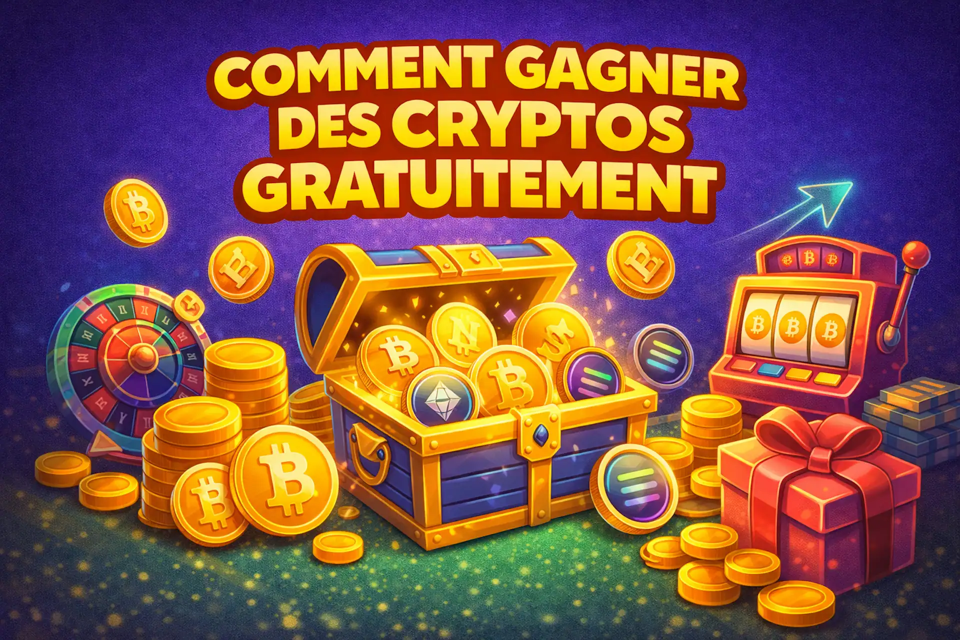 Illustration style Casinotan avec le texte “Comment gagner des cryptos gratuitement”, un coffre rempli de bitcoins et de cryptomonnaies, des machine à sous crypto, une roulette et des pièces numériques sur fond dégradé épuré.