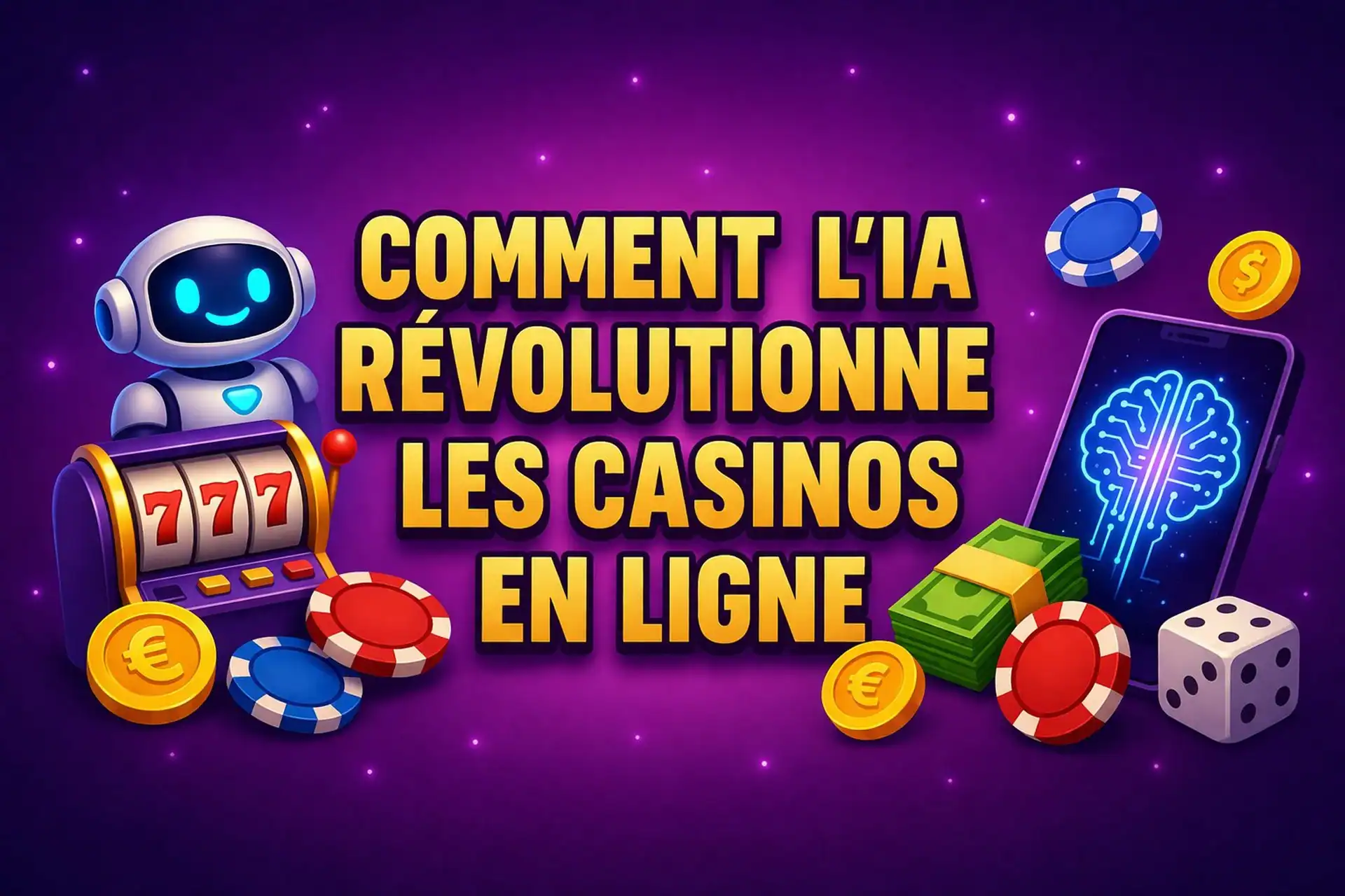 Illustration cartoon avec un robot IA, une machine à sous 777, un smartphone avec cerveau numérique, des jetons et des billets sur fond violet pour Casinotan.