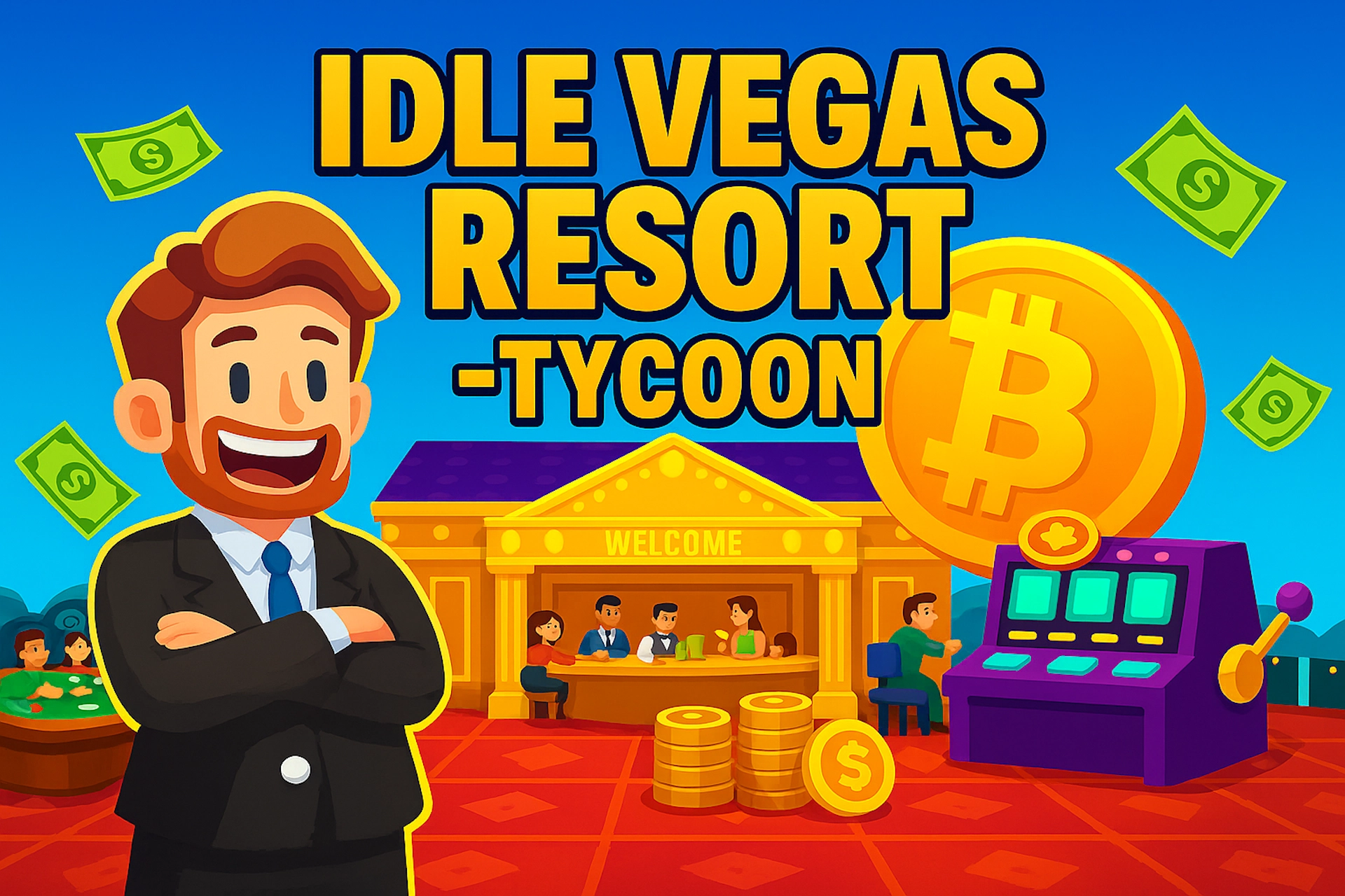 Illustration promotionnelle du jeu Idle Vegas Resort - Tycoon avec un design cartoon représentant un casino animé, un personnage businessman et un titre jaune centré avec effet d’ombre
