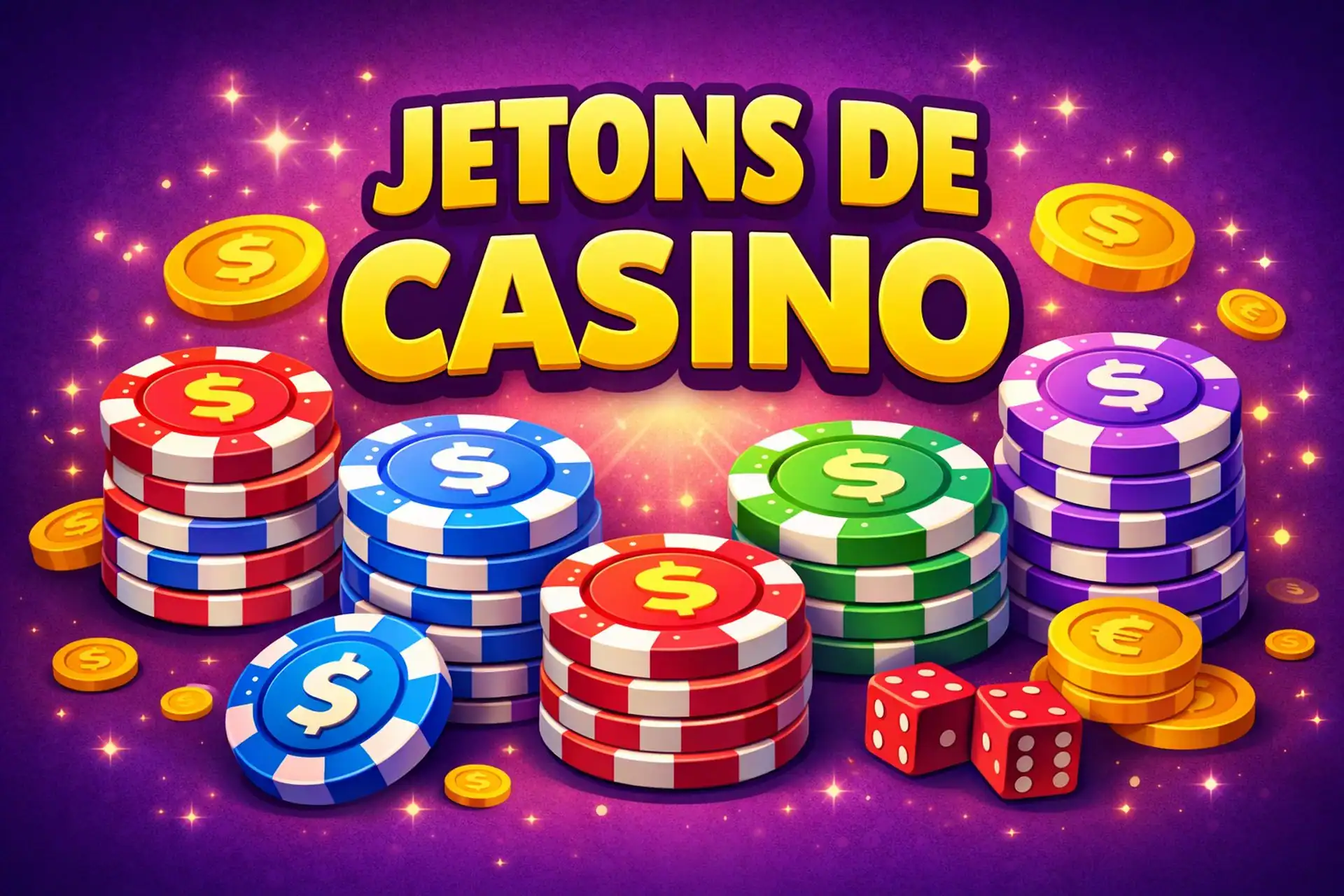 Illustration cartoon de piles de jetons de casino colorés avec des dés et des pièces dorées sur fond violet pour Casinotan.