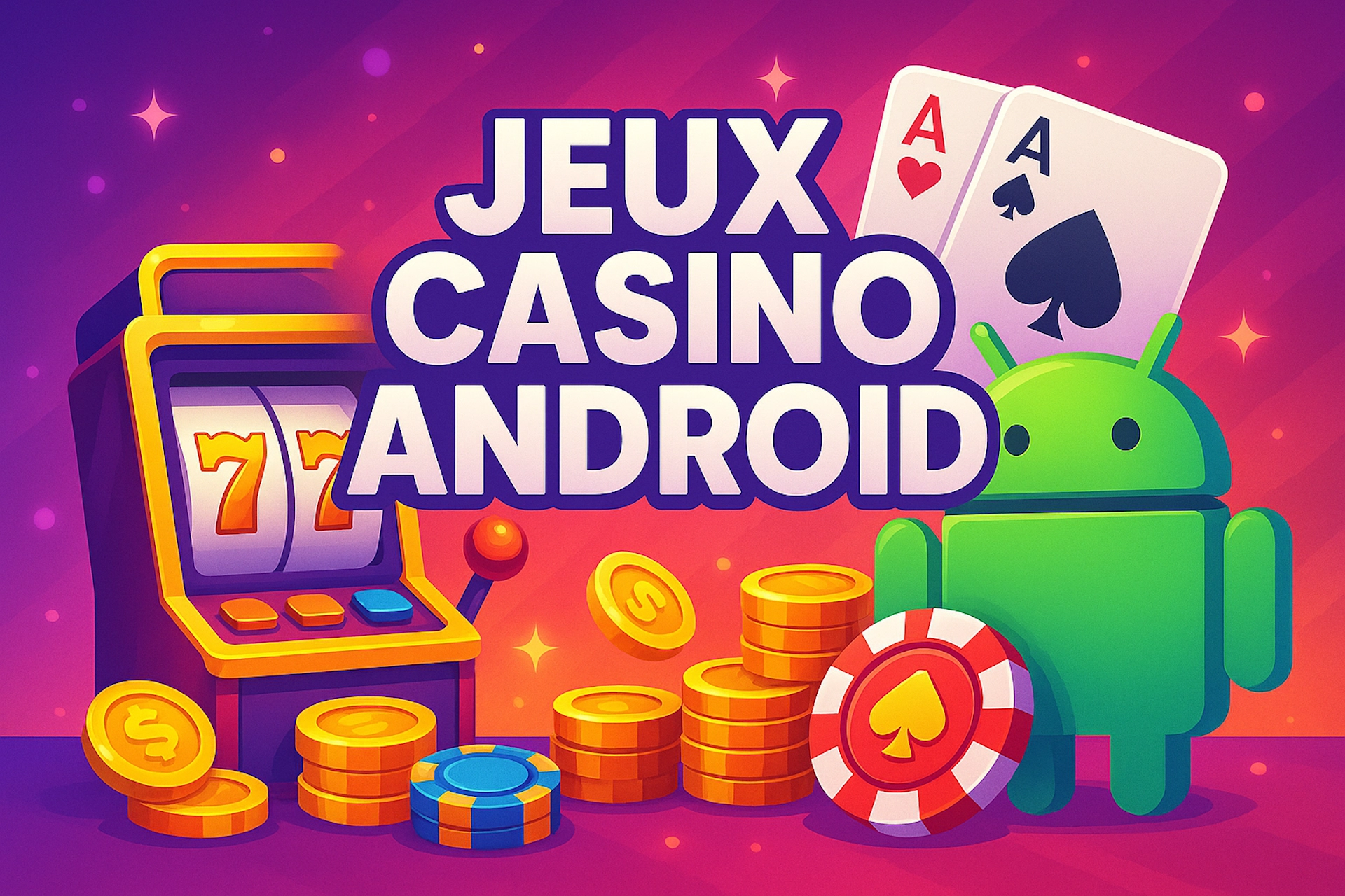 Illustration cartoon d’une machine à sous, jetons, pièces et logo Android avec texte “Jeux Casino Android”.