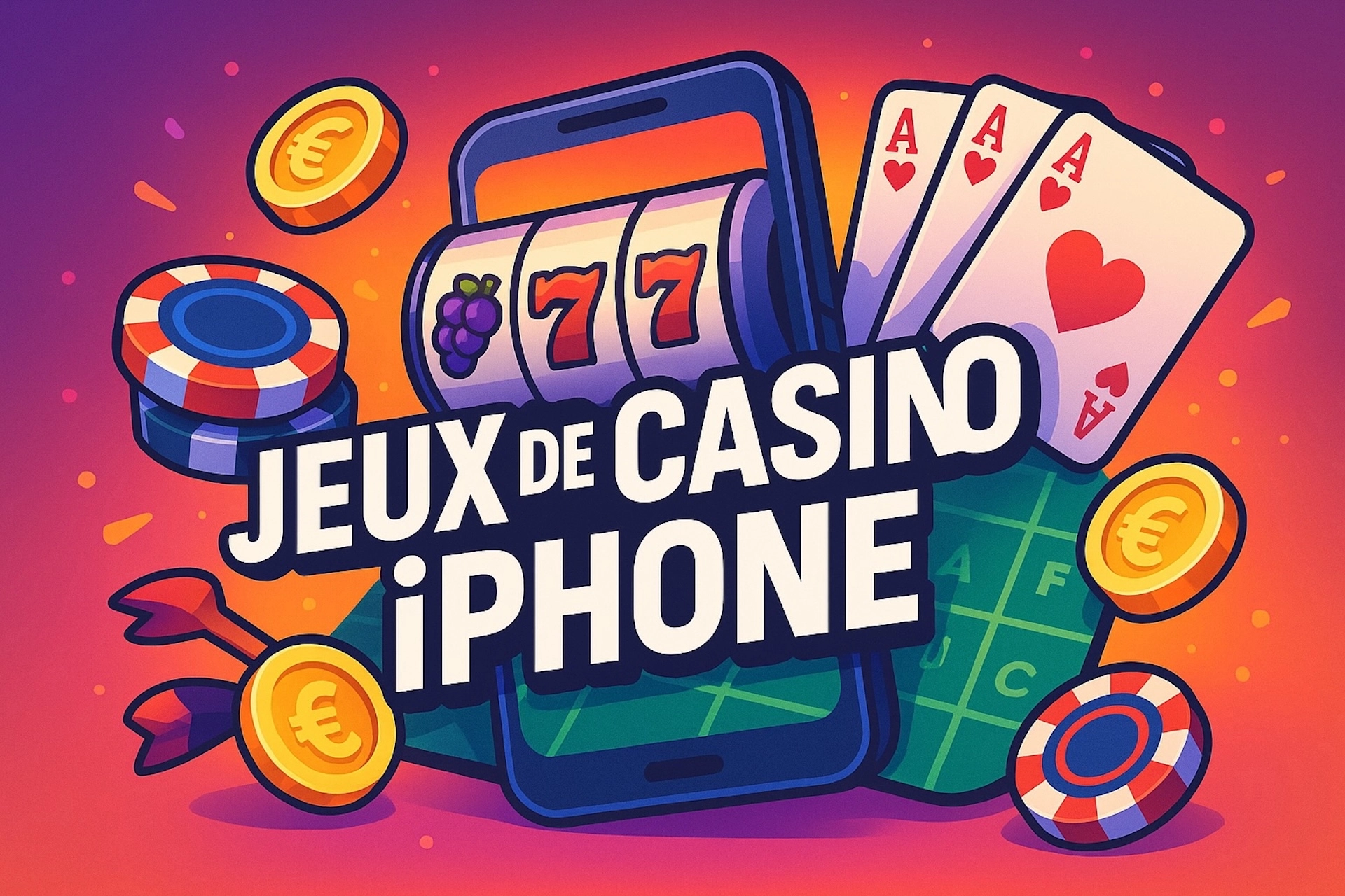 Visuel cartoon dynamique avec texte “JEUX DE CASINO iPHONE”, smartphone, machine à sous, cartes, pièces euros et jetons, pour Casinotan