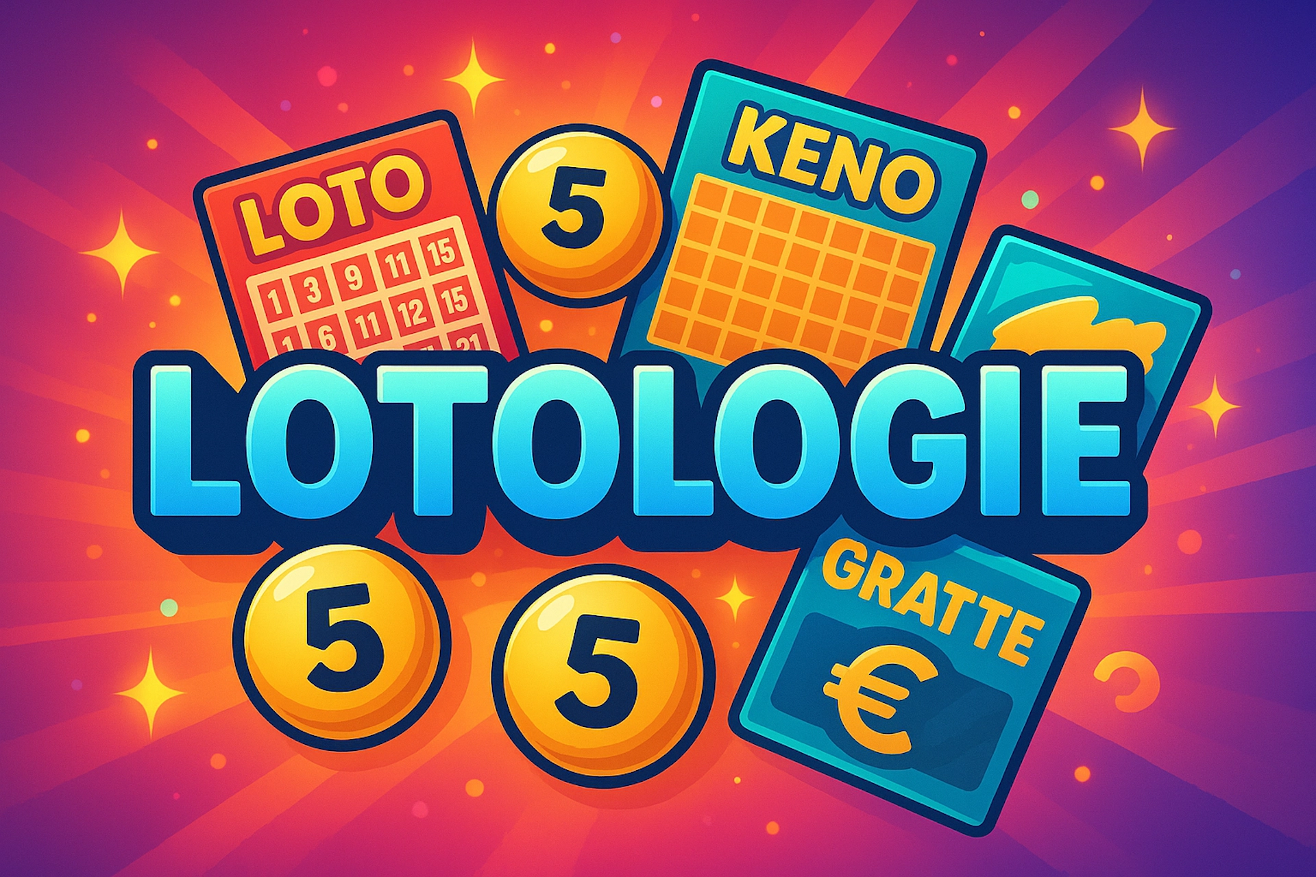 Illustration cartoon colorée avec texte LOTOLOGIE, ticket de loto, carte Keno, ticket à gratter avec symbole euro et boules numérotées, sur fond dégradé dynamique pour Casinotan