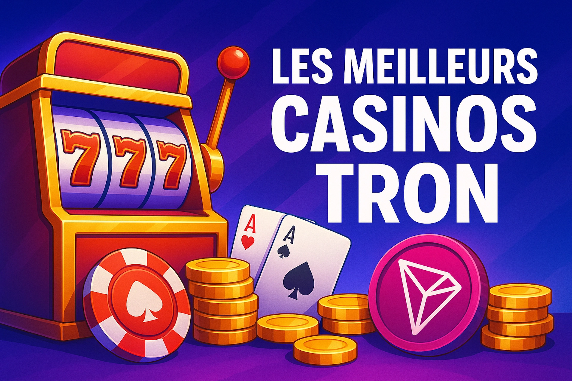Illustration lumineuse avec une machine à sous complète, des jetons, cartes et logo Tron, idéale pour une image de mise en avant sur les casinos crypto Tron sur le site d'avis de casinos Casinotan