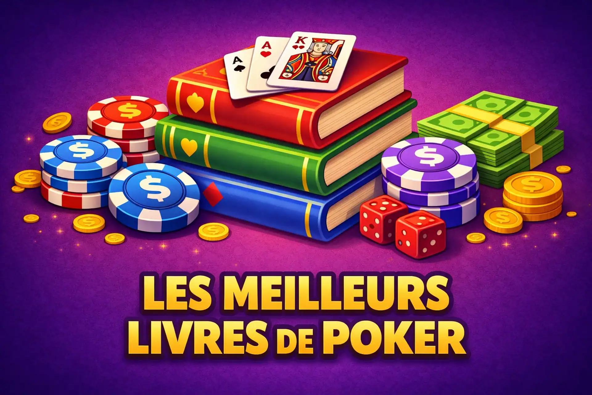Illustration cartoon avec des livres de poker empilés, des cartes, des jetons et des billets sur fond violet pour Casinotan.