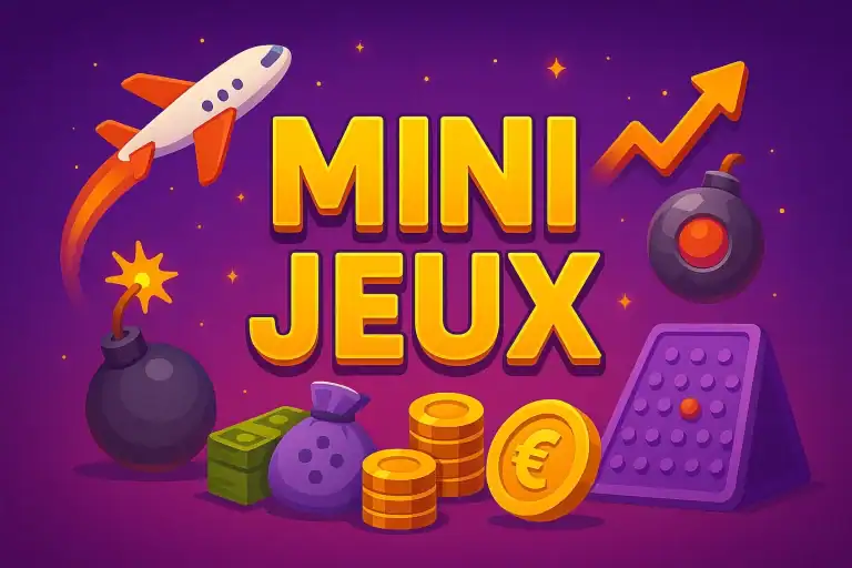 Illustration cartoon dynamique avec texte “MINI JEUX”, fusée style Aviator, Plinko violet, bombes type Mines, flèche Crash, et pièces euros pour Casinotan