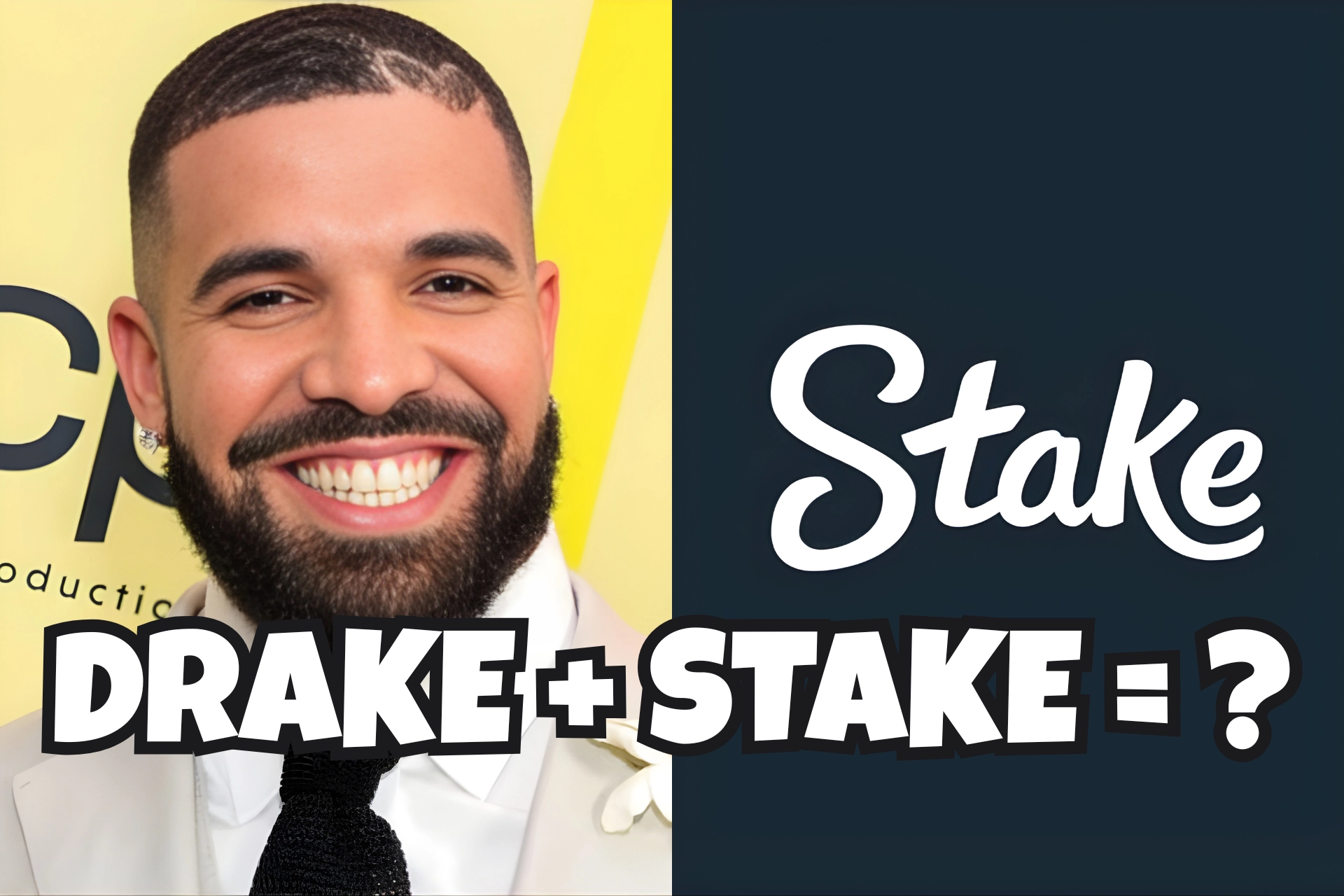 Montage de Drake avec le logo du casino Stake, illustrant leur partenariat exclusif sur les jeux en ligne et les paris crypto.
