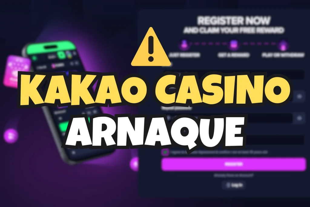 Alerte visuelle sur fond violet indiquant une arnaque liée à Kakao Casino, avec un panneau de signalement jaune et les mots “KAKAO CASINO ARNAQUE” en lettres majuscules stylisées au centre de l’image