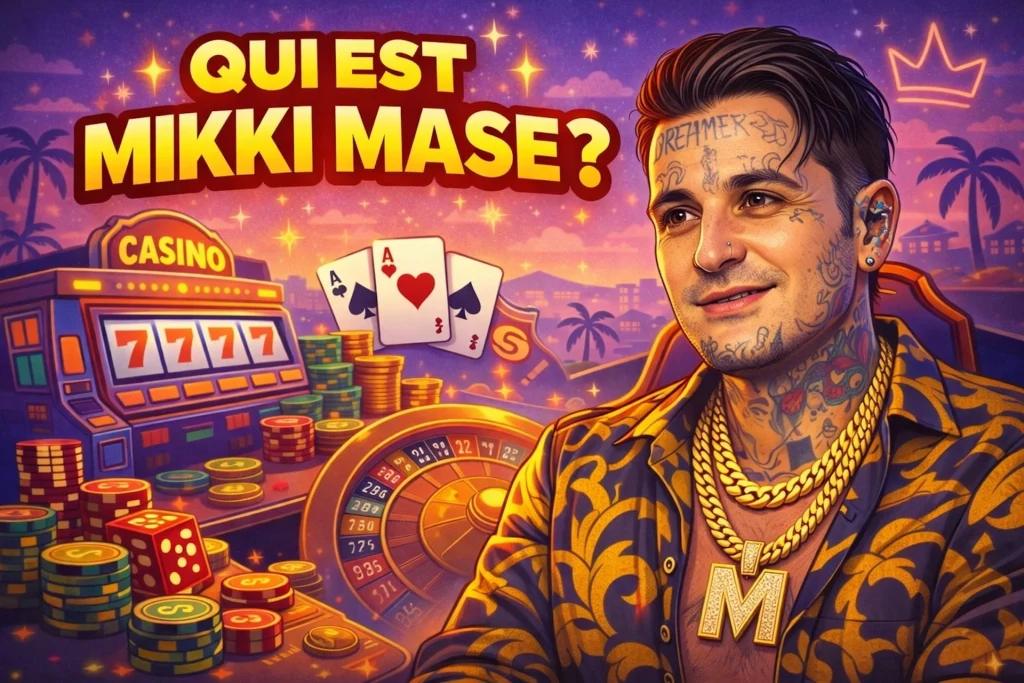 Illustration cartoon stylisée de Mikki Mase avec ses tatouages reconnaissables, devant un décor de casino avec machines à sous, jetons, cartes et texte “Qui est Mikki Mase ?” pour Casinotan.net.