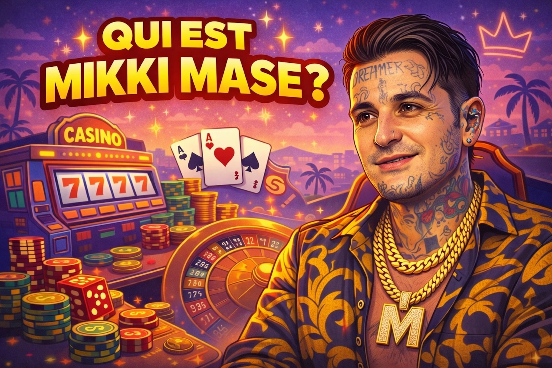 Illustration cartoon stylisée de Mikki Mase avec ses tatouages reconnaissables, devant un décor de casino avec machines à sous, jetons, cartes et texte “Qui est Mikki Mase ?” pour Casinotan.com.