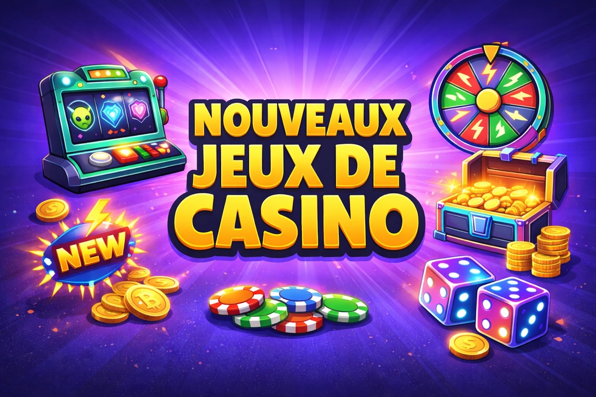 Image de mise en avant cartoon avec le texte &laquo; NOUVEAUX JEUX DE CASINO &raquo;, illustr&eacute;e par des &eacute;l&eacute;ments de casino en ligne comme une machine &agrave; sous moderne, une roue bonus, des jetons, des d&eacute;s et des pi&egrave;ces, sur un fond dynamique violet et bleu.