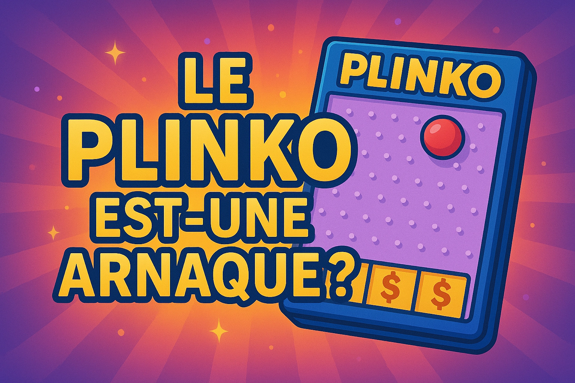 Illustration cartoon colorée avec texte LE PLINKO EST-UNE ARNAQUE ?, plateau Plinko avec bille rouge et symboles euro, sur fond dégradé dynamique pour Casinotan