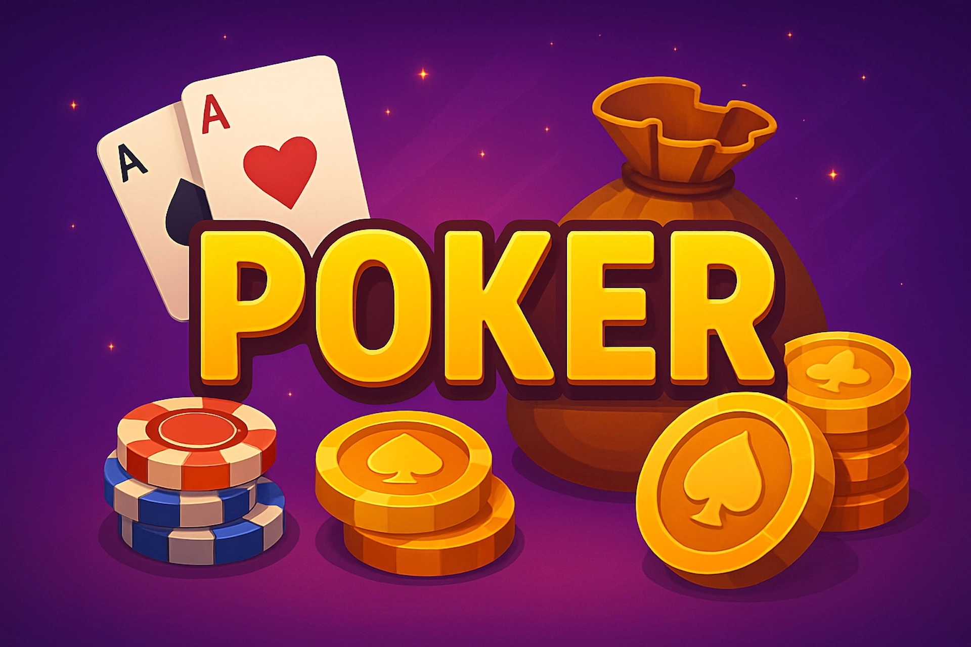 Illustration cartoon stylisée avec texte “POKER”, cartes As, jetons, pièces avec symbole pique et sac de gains pour Casinotan