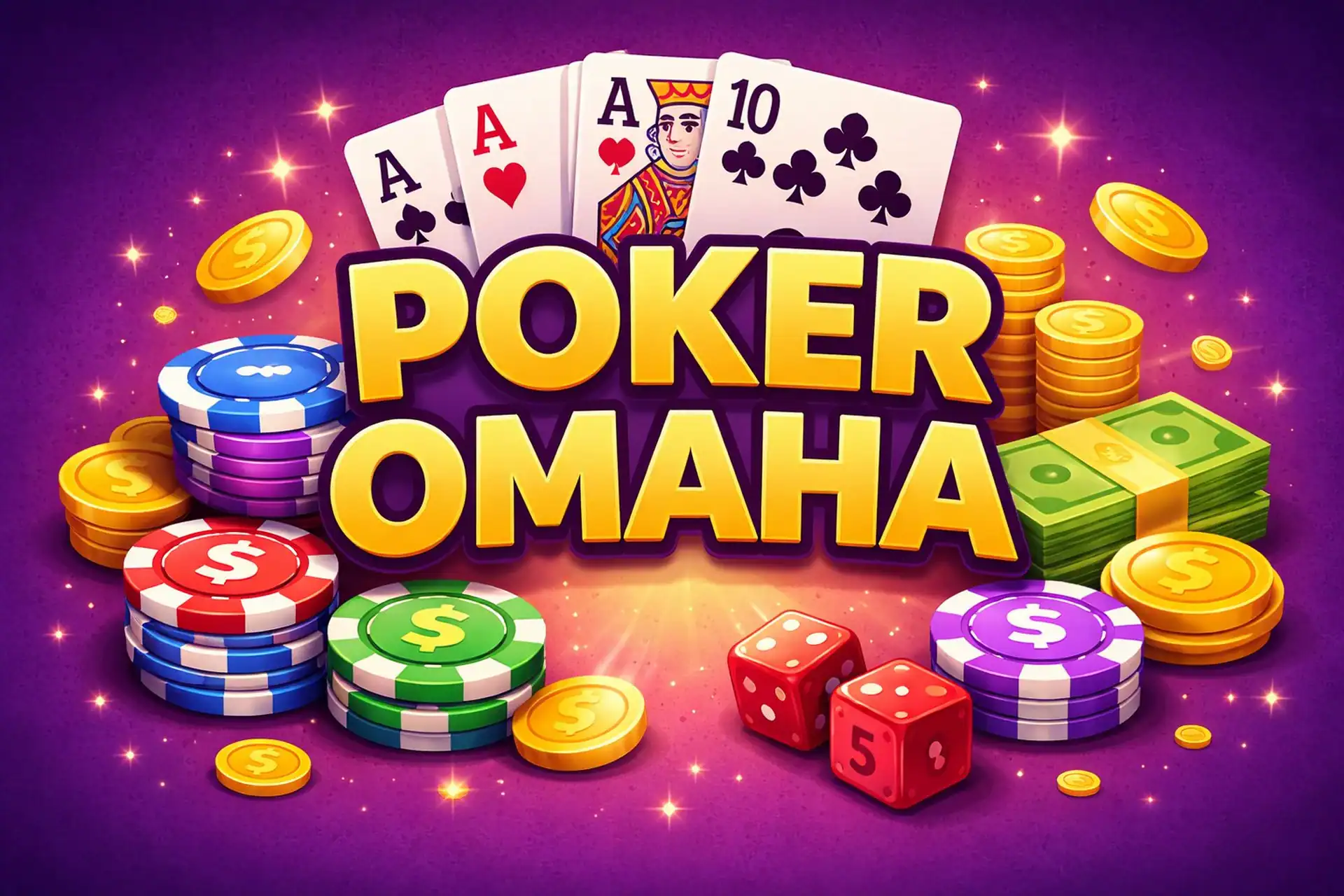 Illustration cartoon du poker Omaha avec quatre cartes, des jetons colorés, des billets et des dés sur fond violet pour Casinotan.