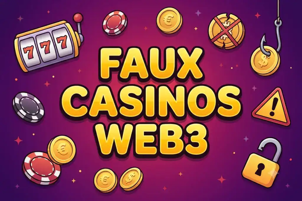Illustration cartoon avec le titre faux casinos web3 entouré d'une machine à sous, de jetons, d'un hameçon et d'un panneau d'alerte qui évoquent l'arnaque.