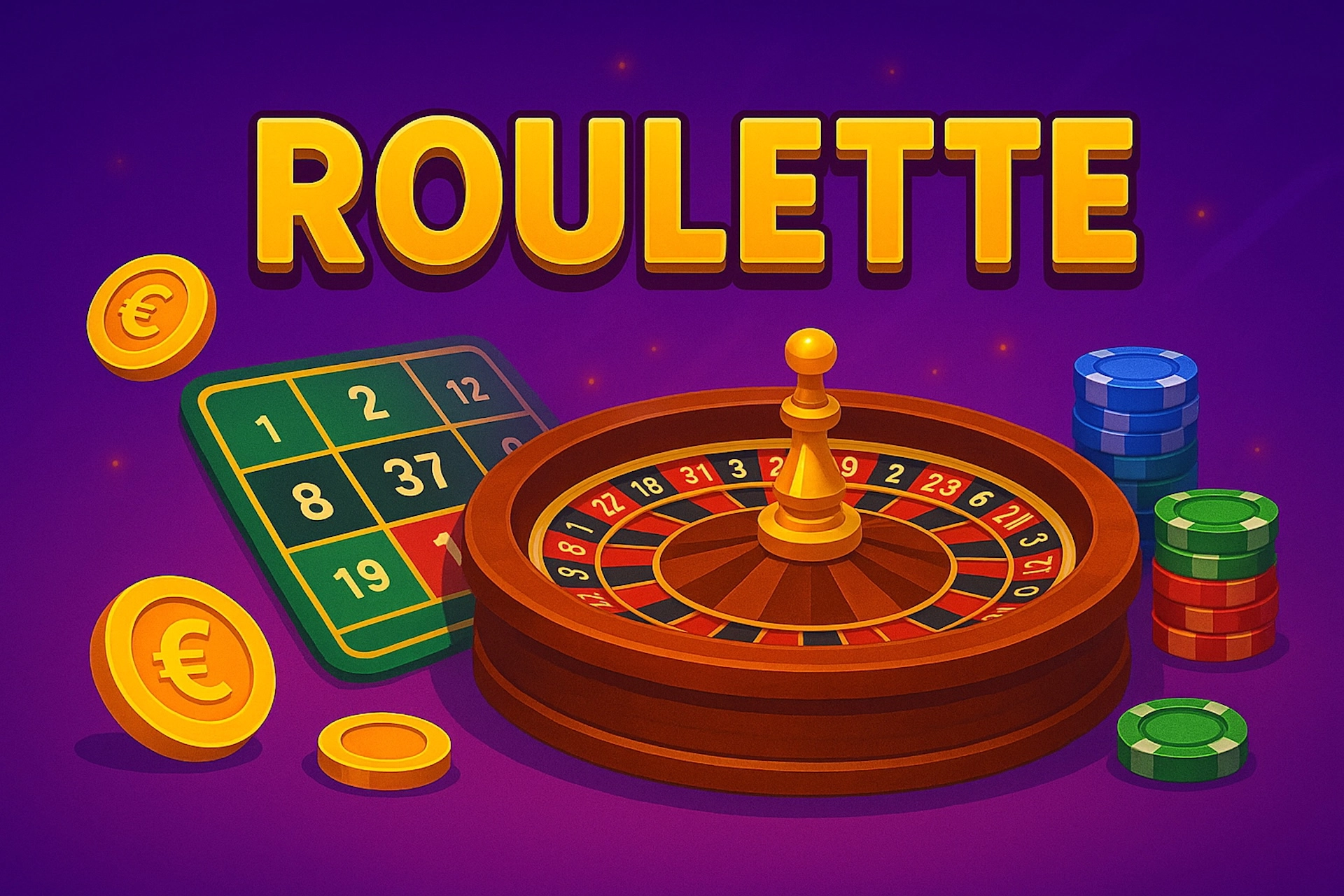 Illustration cartoon stylisée avec texte “ROULETTE”, roue de roulette réaliste, tapis de mise corrigé, jetons et pièces euros pour Casinotan