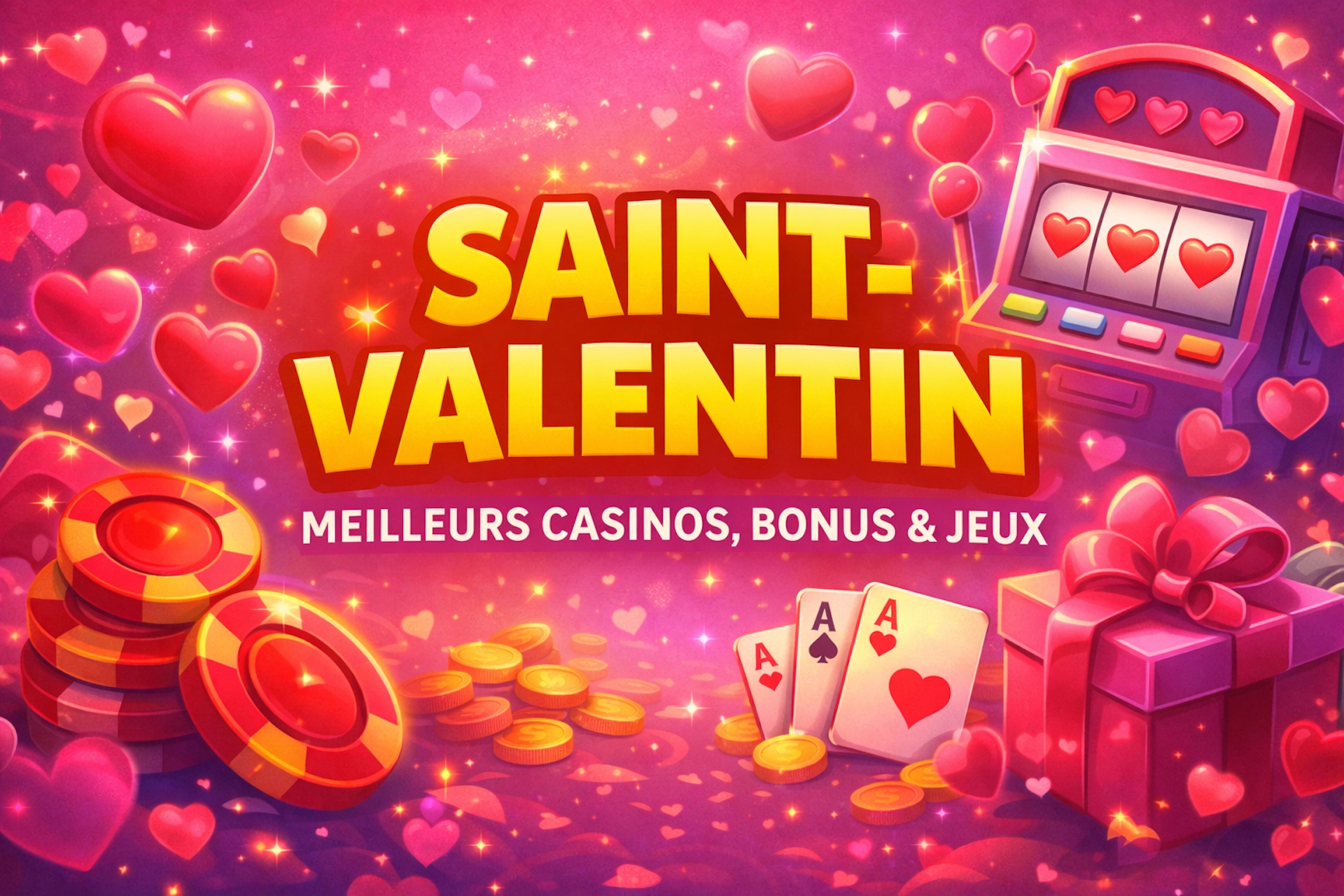 Visuel Saint-Valentin stylisé Casinotan avec cœurs, machine à sous, jetons, cartes et cadeau, texte “SAINT-VALENTIN : Meilleurs casinos, bonus & jeux”.