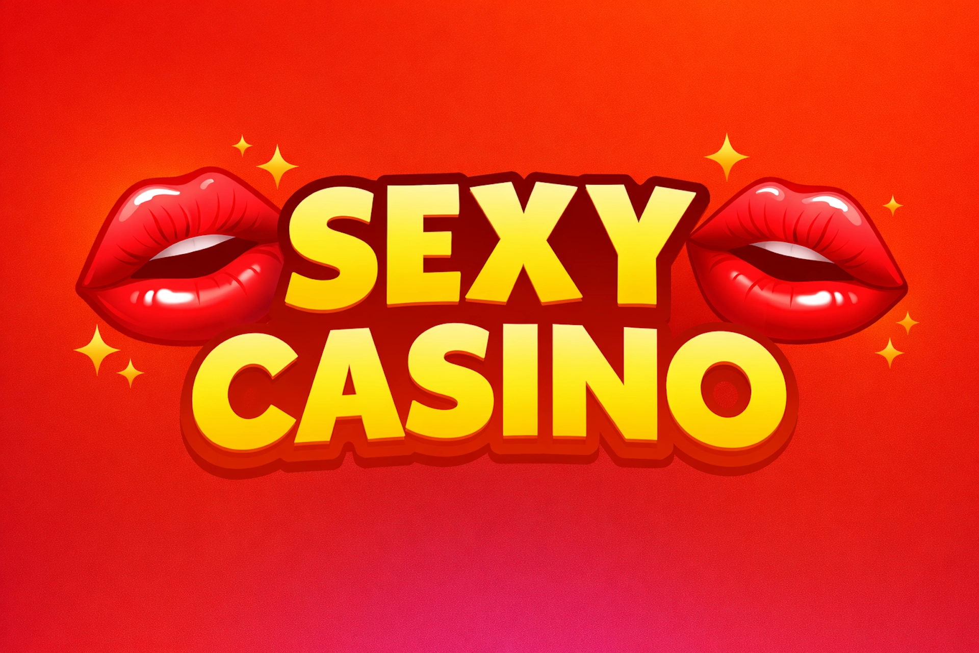 Visuel coloré avec texte “SEXY CASINO” en jaune, lèvres rouges brillantes et fond rouge-orangé dans un style cartoon fun et attractif pour Casinotan.