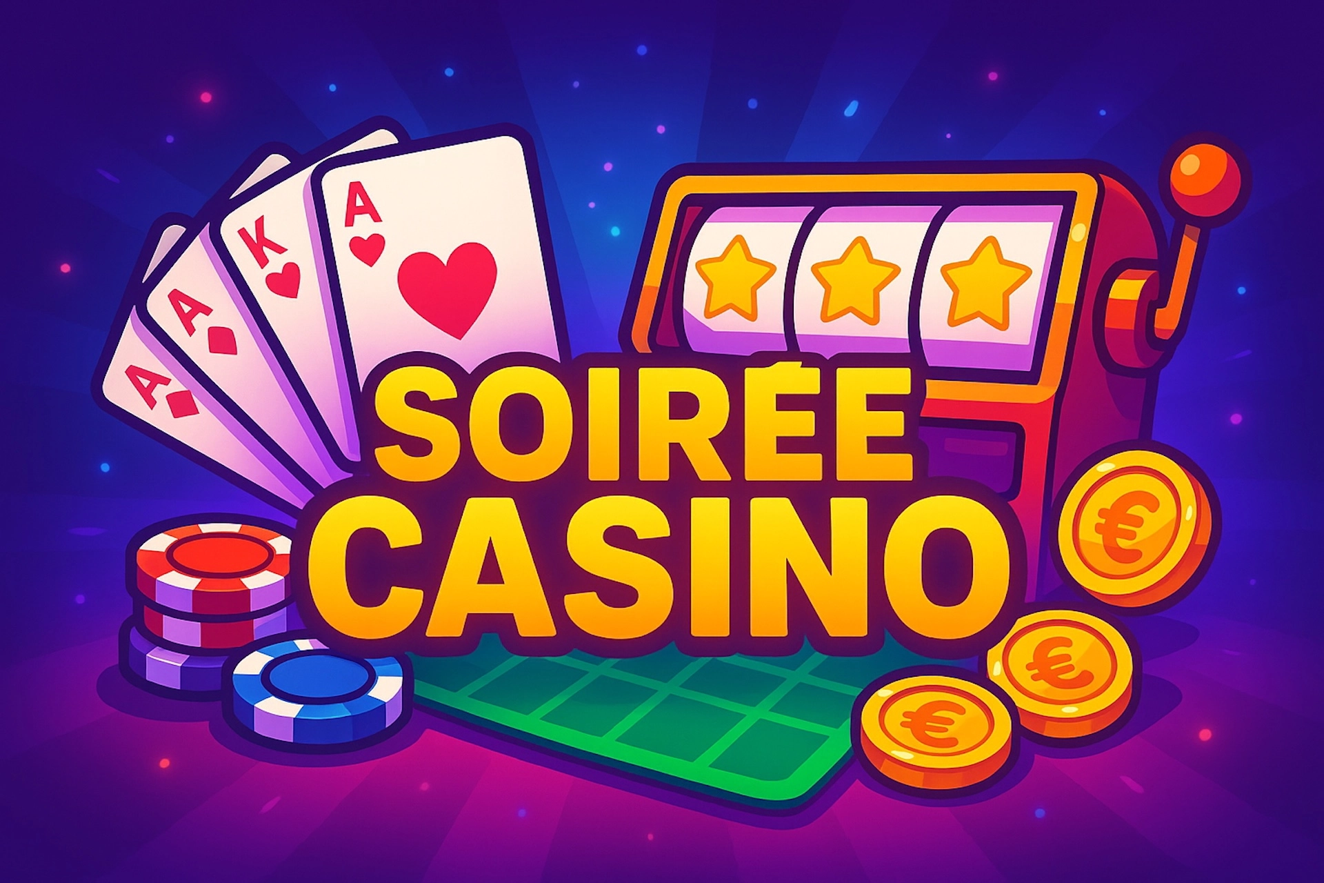 Visuel cartoon lumineux avec texte “SOIRÉE CASINO”, machine à sous, pièces euros, jetons et quinte flush royale, ambiance festive pour Casinotan