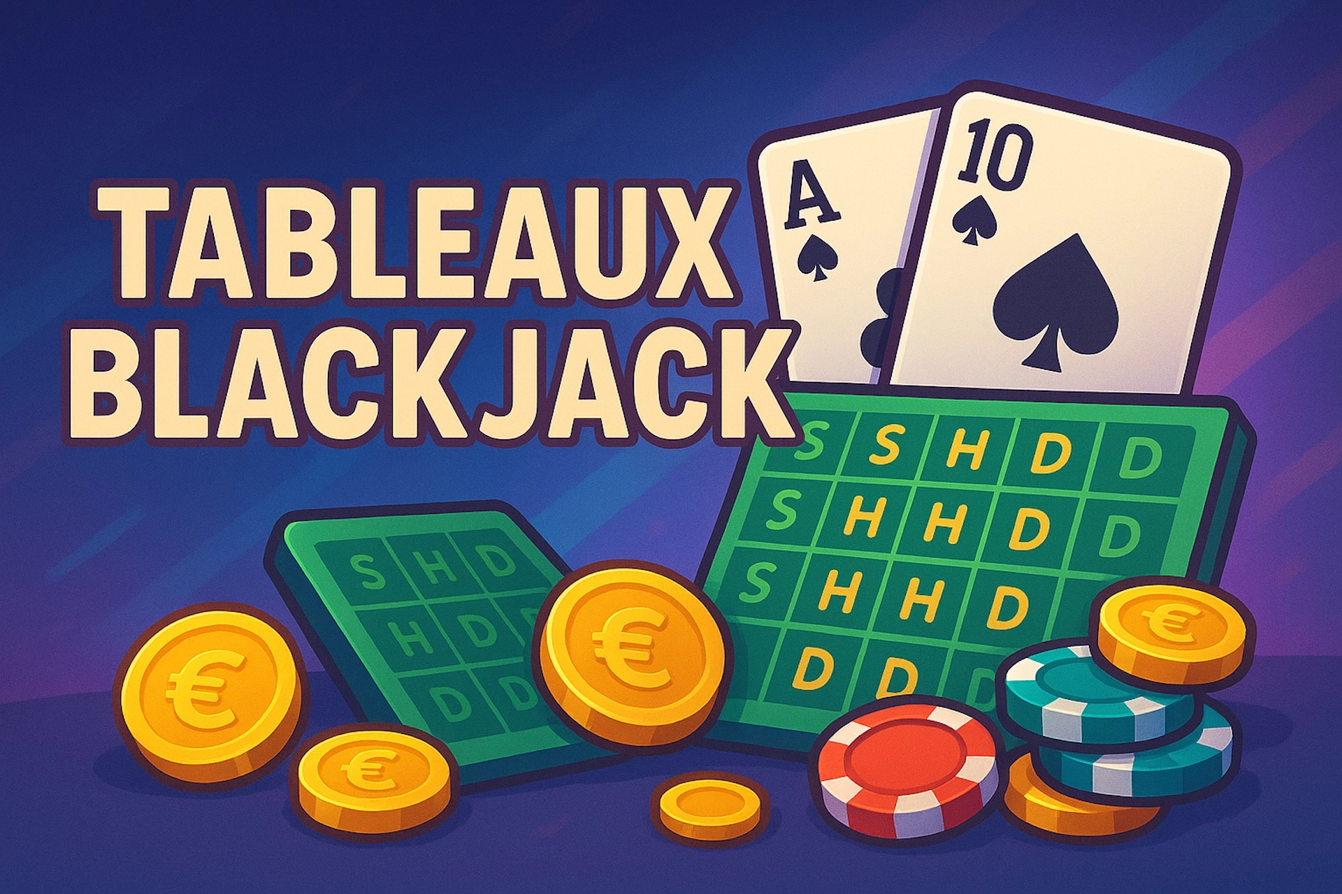 Illustration cartoon dynamique avec texte “TABLEAUX BLACKJACK”, cartes As et 10, tableaux stratégiques verts, pièces euro et jetons, pour Casinotan