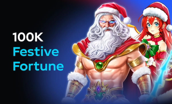 Banni&egrave;re du tournoi de machines &agrave; sous Festive Fortune sur Gamdom avec un prize pool de 100 000 $ et des personnages sur le th&egrave;me de No&euml;l