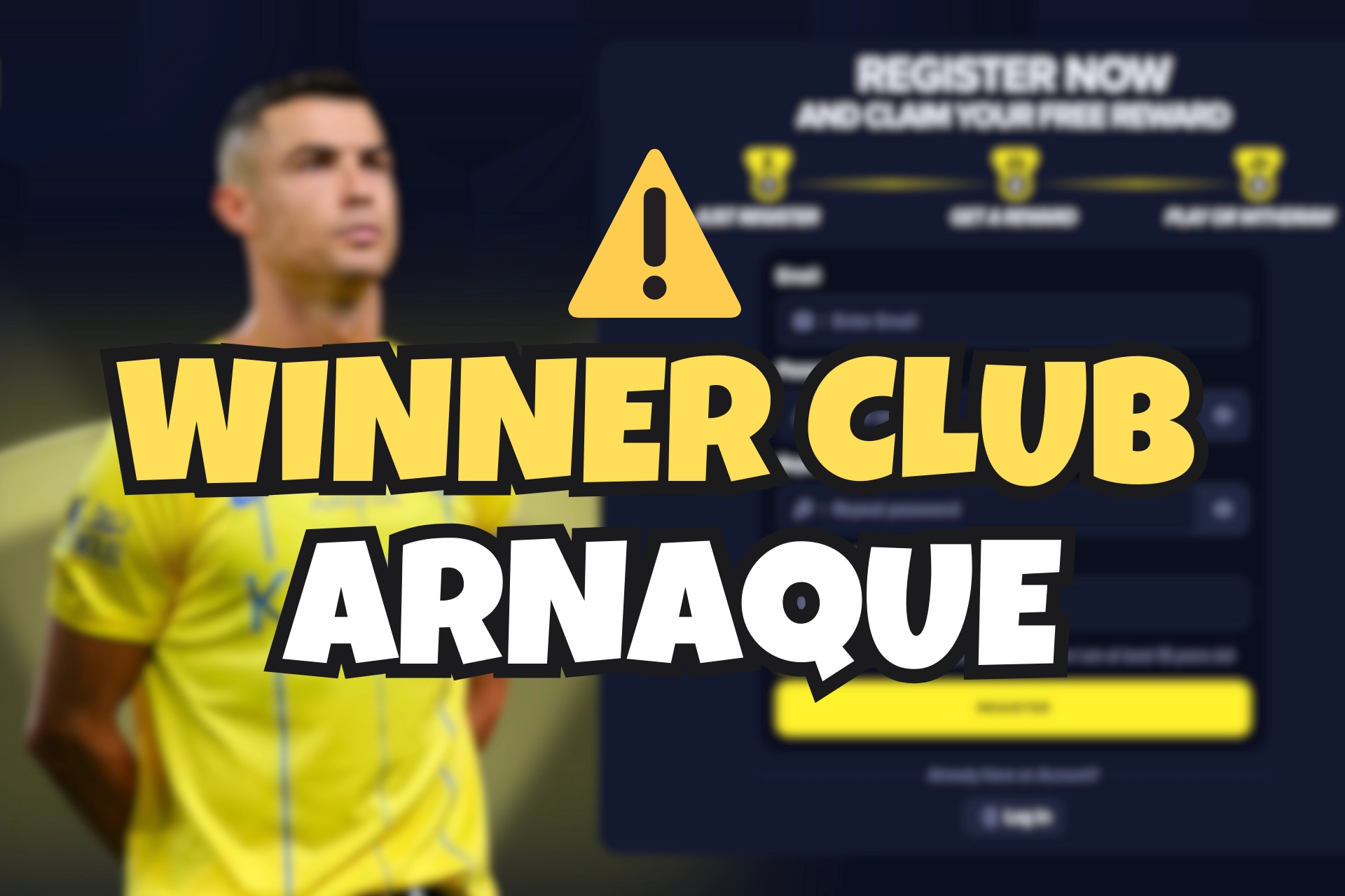 Capture d’écran du faux site Winner Club, un prétendu casino crypto utilisant l’image du célèbre joueur de foot inciter les utilisateurs à s’inscrire et déposer de l’argent.