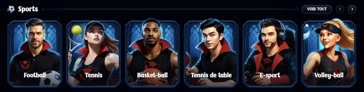 Cat&eacute;gories de sports sur Dracula Casino avec football, tennis, e-sport et basket-ball illustr&eacute;s par des avatars