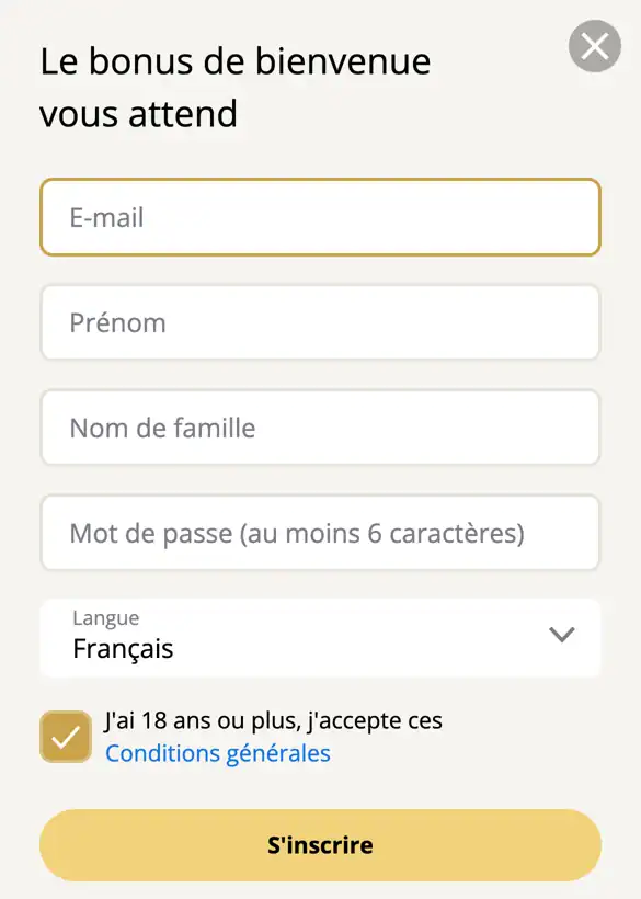Formulaire d’inscription de Retro Casino avec l’e-mail, le prénom, le nom, le mot de passe et la langue.