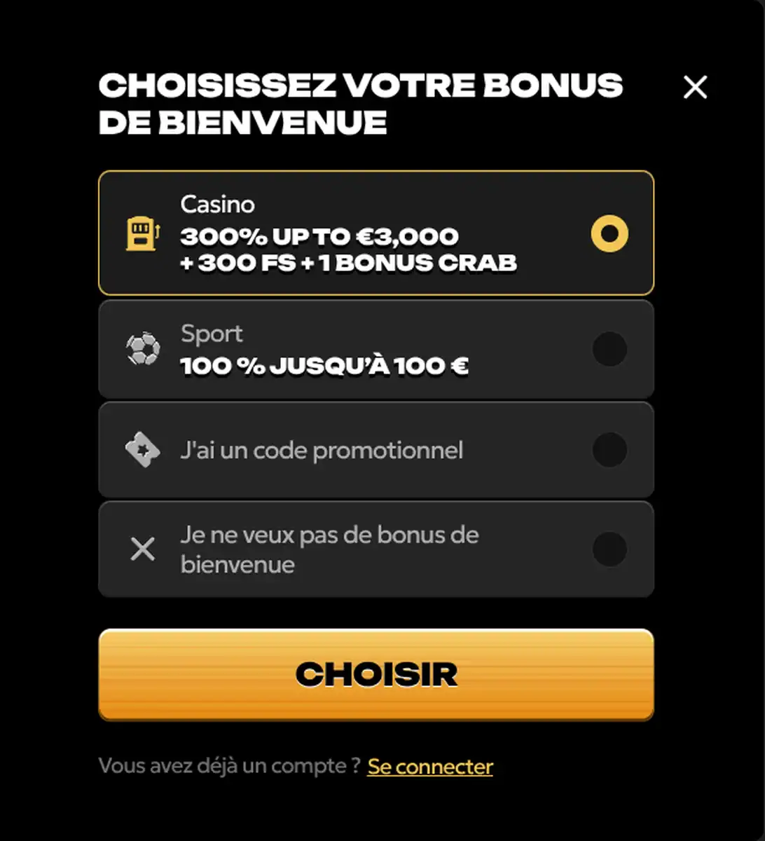 choix du bonus de bienvenue à l'inscription sur Spinsy Casino