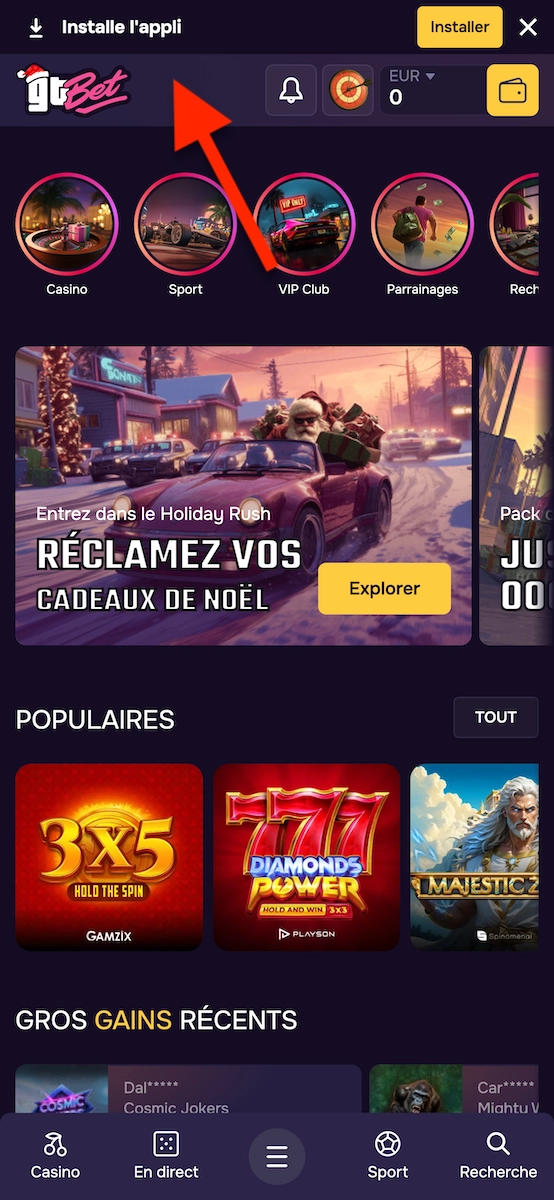 Page d’accueil du casino en ligne avec le bouton « Installer l’appli » mis en avant, le menu principal (casino, sport, VIP, parrainage) et les jeux populaires affichés en bas de l’écran.