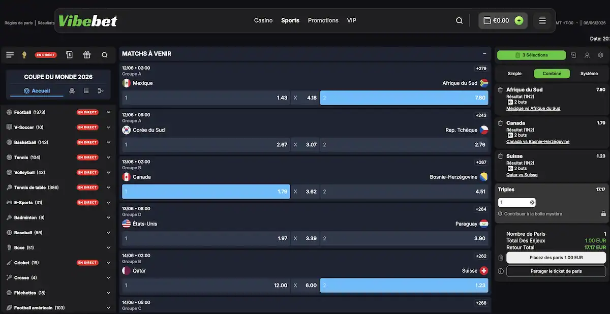 Section paris sportifs du casino Vibebet avec les matchs à venir de la Coupe du Monde 2026 et un ticket de pari combiné