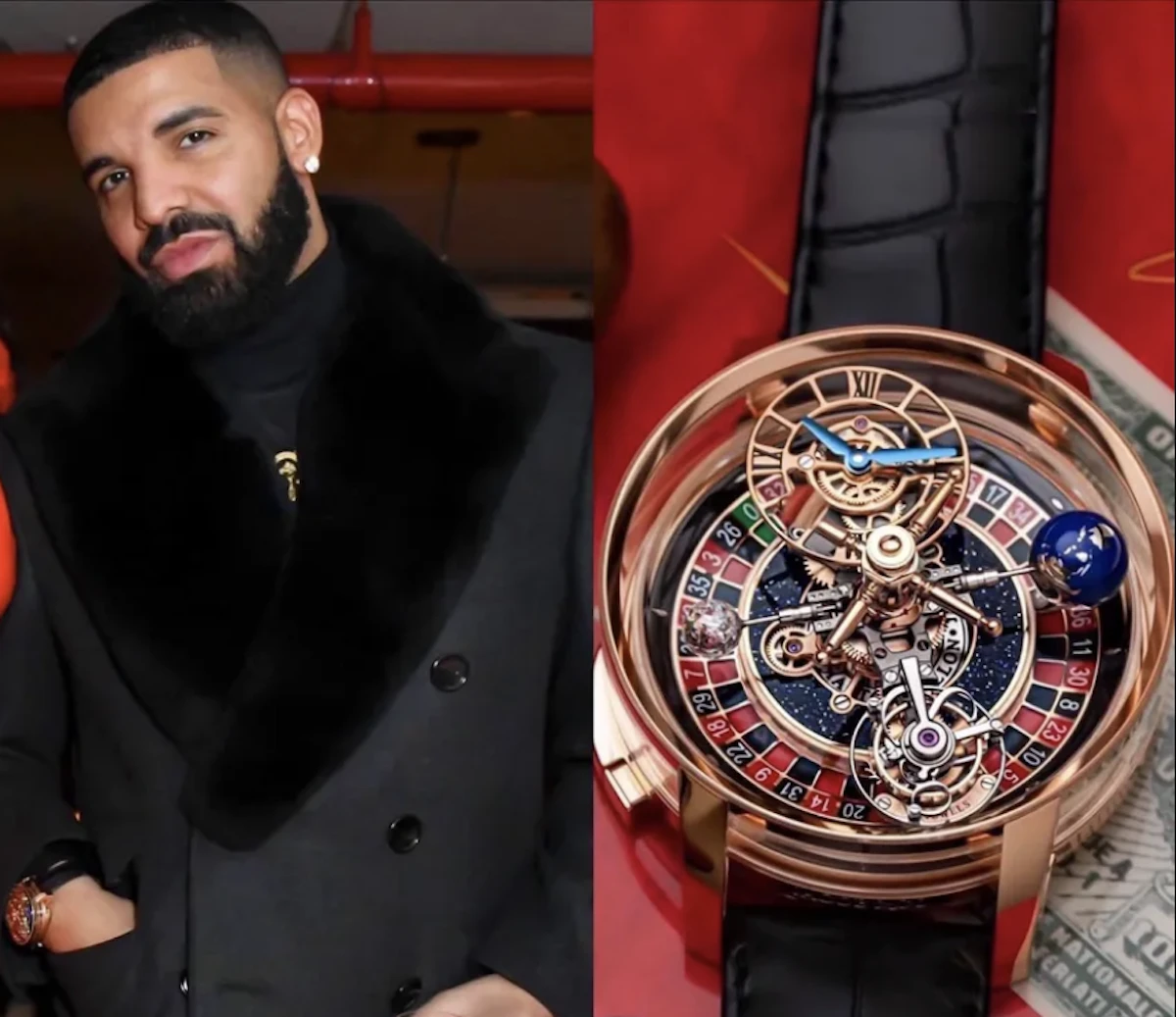 Drake portant une montre Jacob & Co Casino en or rose lors d’une soirée élégante
