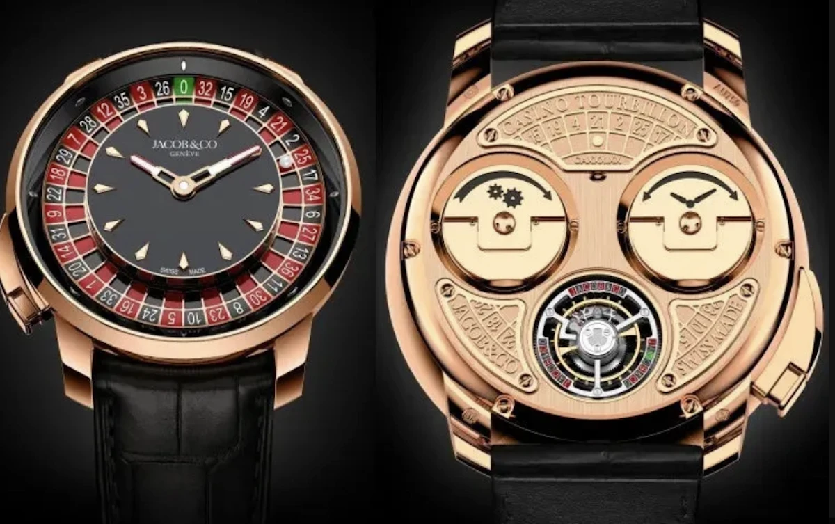 Détail de la montre Jacob & Co Casino Tourbillon avec cadran roulette et mécanisme arrière visible