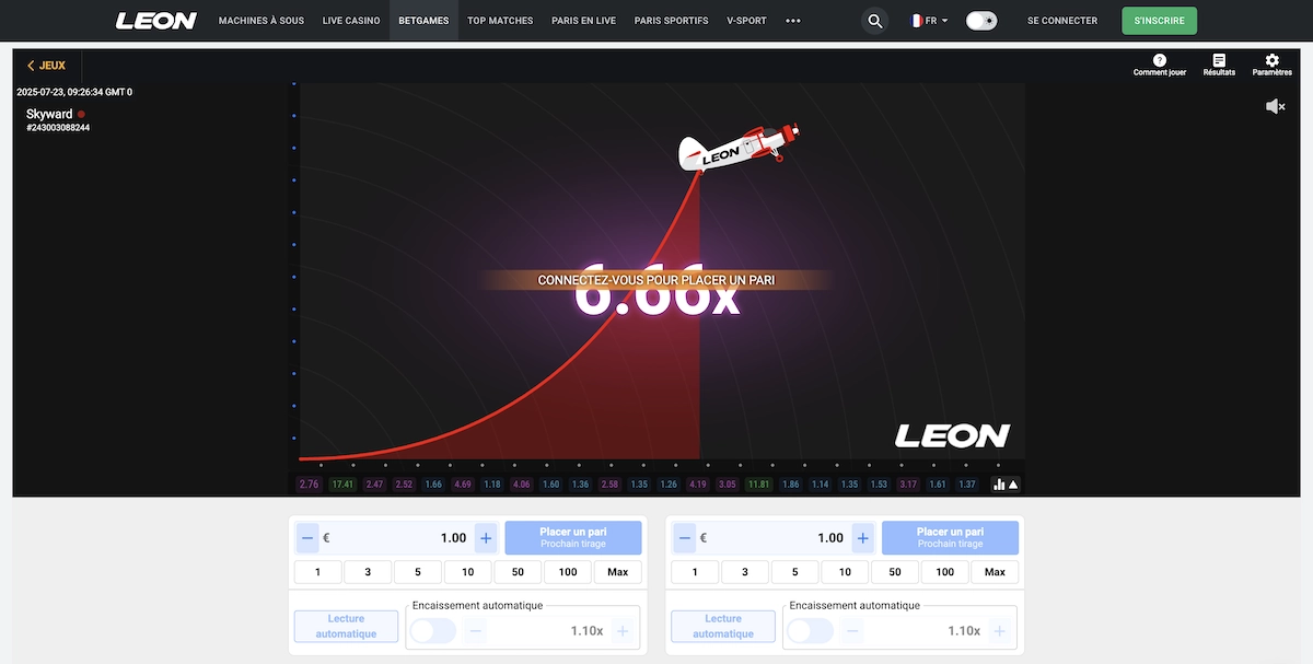 Mini-jeu Skyward sur Leon Casino avec interface de pari dynamique