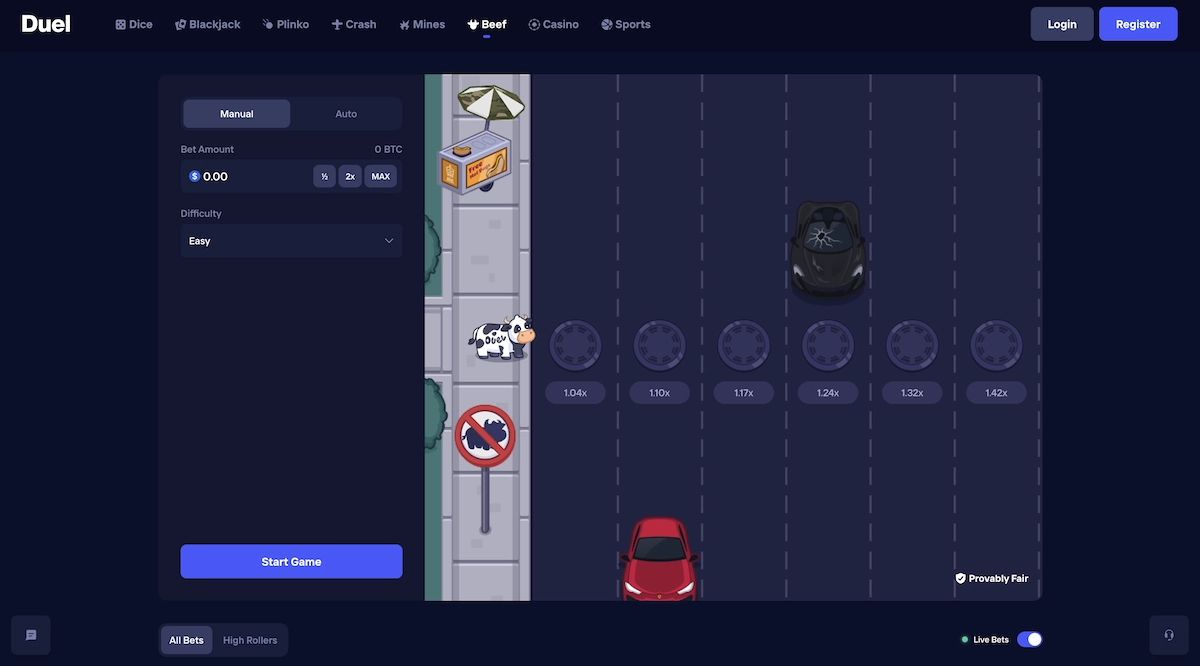 Capture du jeu exclusif Beef sur Duel.com montrant la vache traversant la route et les multiplicateurs de gains