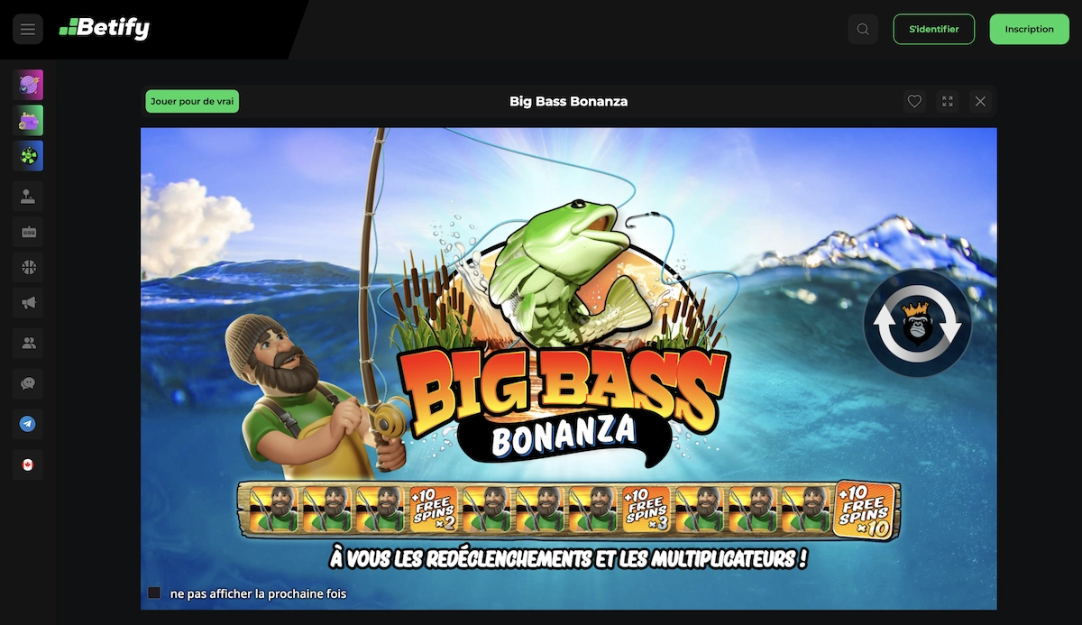 capture d'&eacute;cran du jeu de casino Big Bass Bonanza sur le casino en ligne Betify