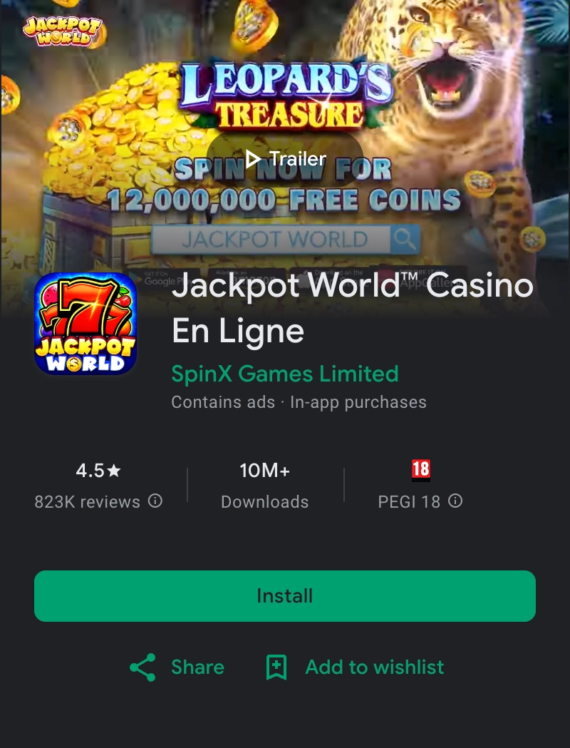 Jeu de casino Jackpot World sur Google Play Store avec machines à sous et jackpots