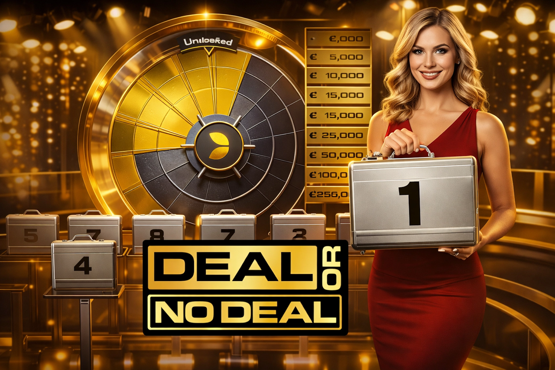 Illustration du jeu de casino live Deal or No Deal d&rsquo;Evolution avec une grande roue dor&eacute;e, des valises de gains et une ambiance de plateau t&eacute;l&eacute;vis&eacute; inspir&eacute;e du c&eacute;l&egrave;bre jeu t&eacute;l&eacute;vis&eacute;.