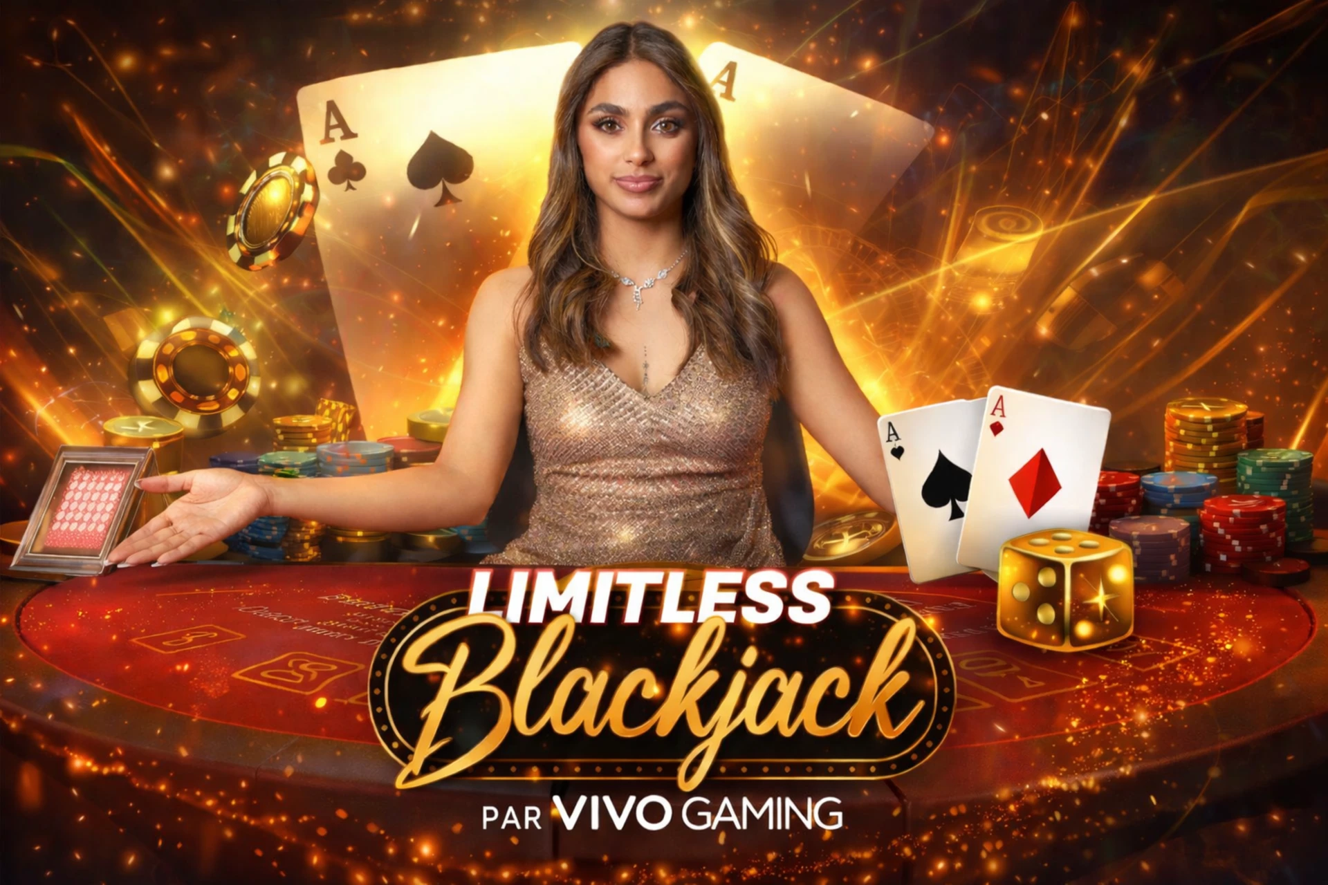 Illustration du jeu de casino live Limitless Blackjack de Vivo Gaming avec une croupière élégante en robe dorée derrière une table de blackjack rouge, cartes As, jetons et effets lumineux dorés en arrière-plan, ambiance premium dans le style Casinotan.