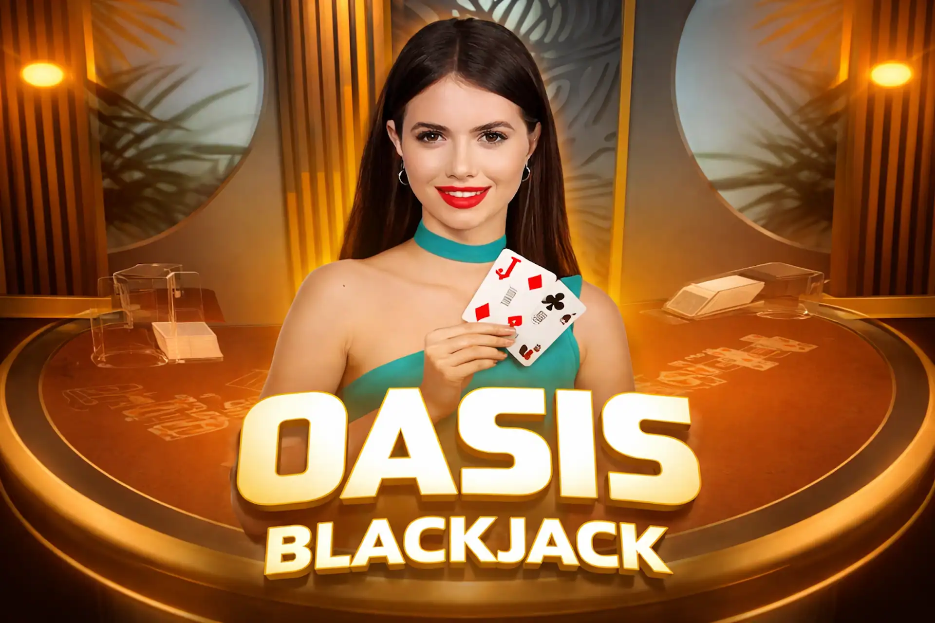 Illustration du jeu de casino live Oasis Blackjack de Iconic21 avec une croupière élégante tenant des cartes de blackjack, dans un décor doré et tropical inspiré d’un casino live, ambiance chaleureuse et immersive.